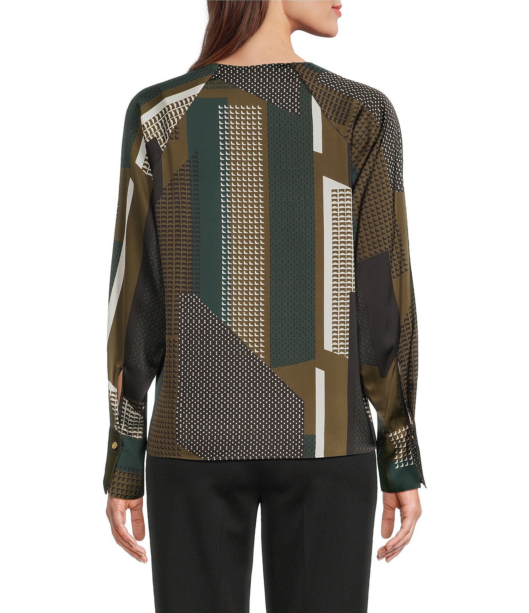 Donna Karan Woven Charmeuse Print V-Neck Long Sleeve Blouse