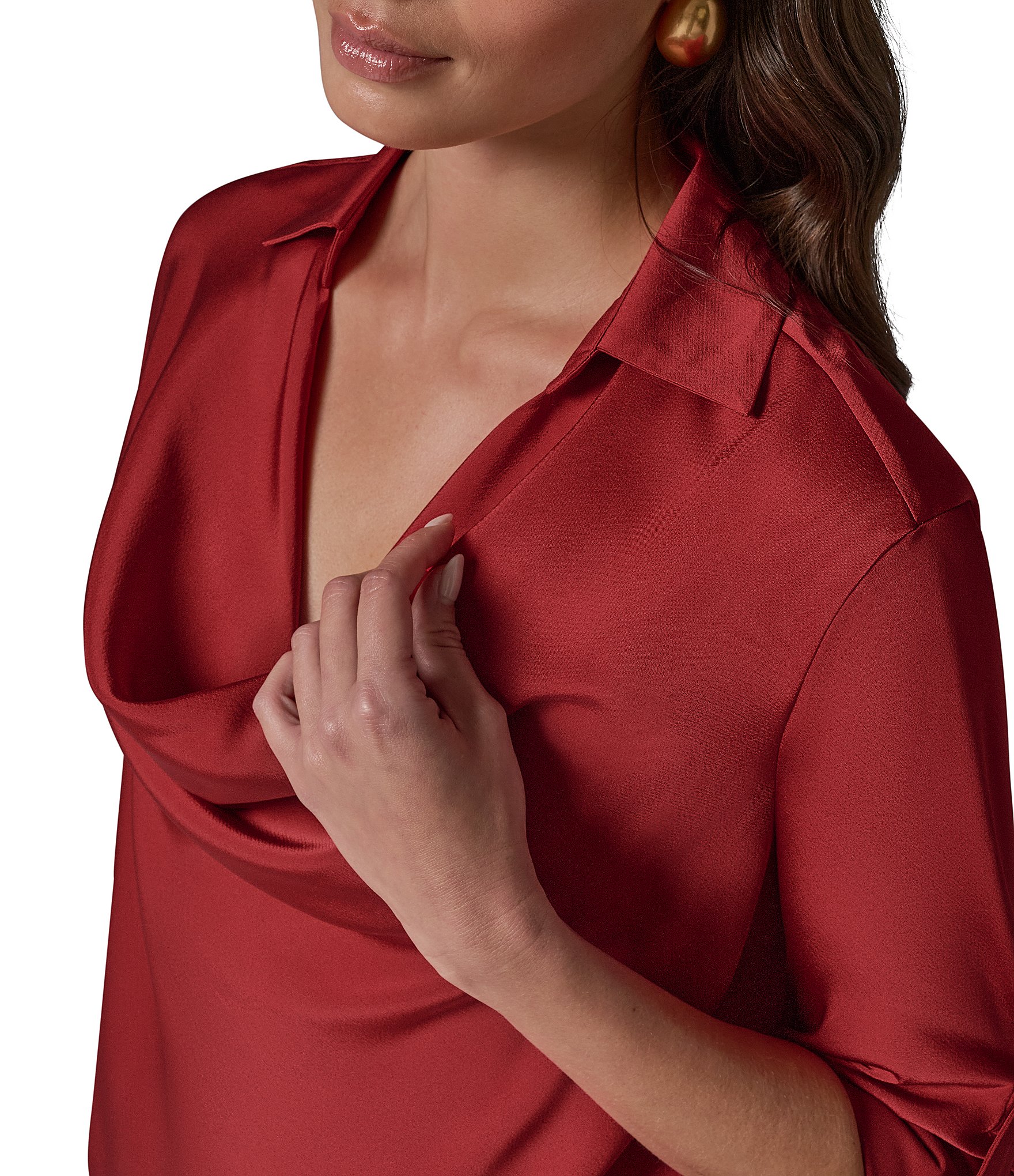 Donna Karan Woven Cowl Neck With Collar Long Sleeve Top