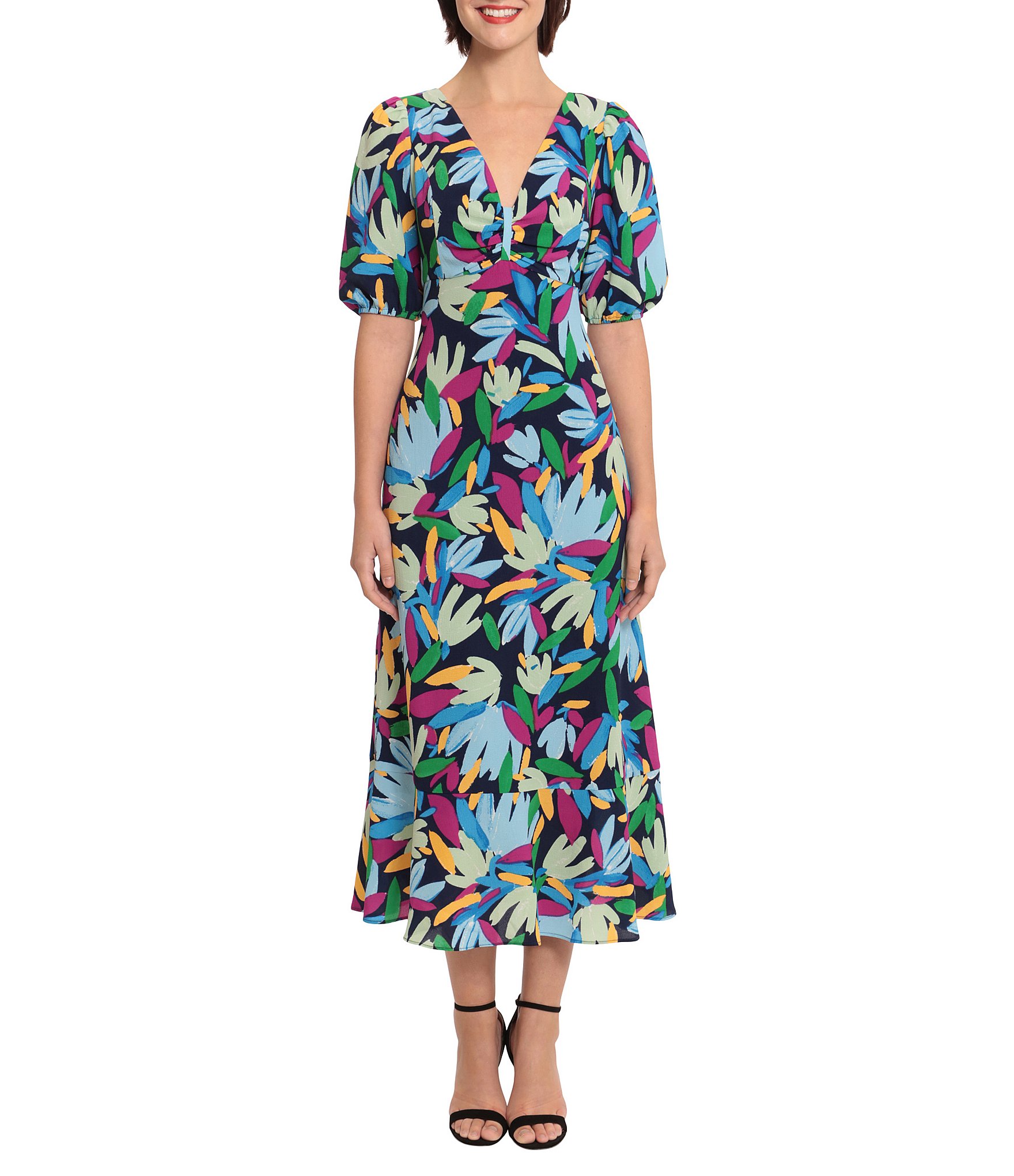 Donna Morgan Floral Print V-Neck Short Puff Sleeve Midi Dress | Dillard's