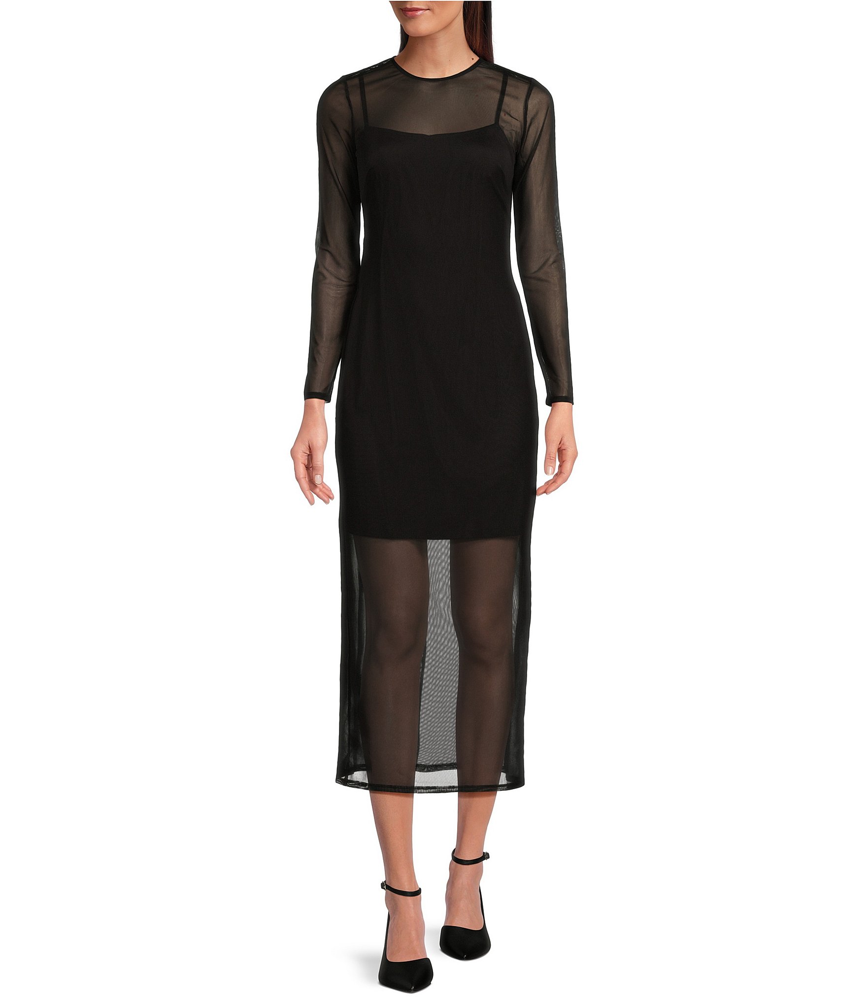 Donna Morgan Mesh Crew Neck Long Sleeve Mini Slip Midi Dress