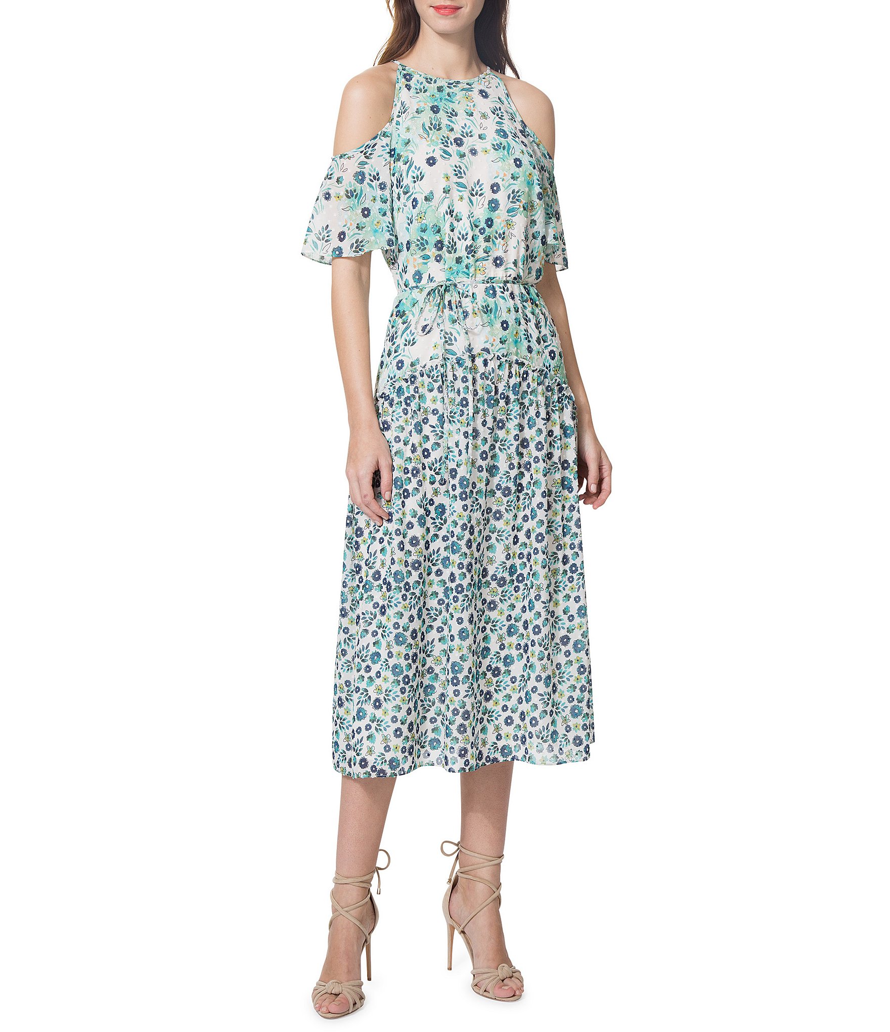 Donna Morgan Printed Cold Shoulder Ruffle Dress | Dillards