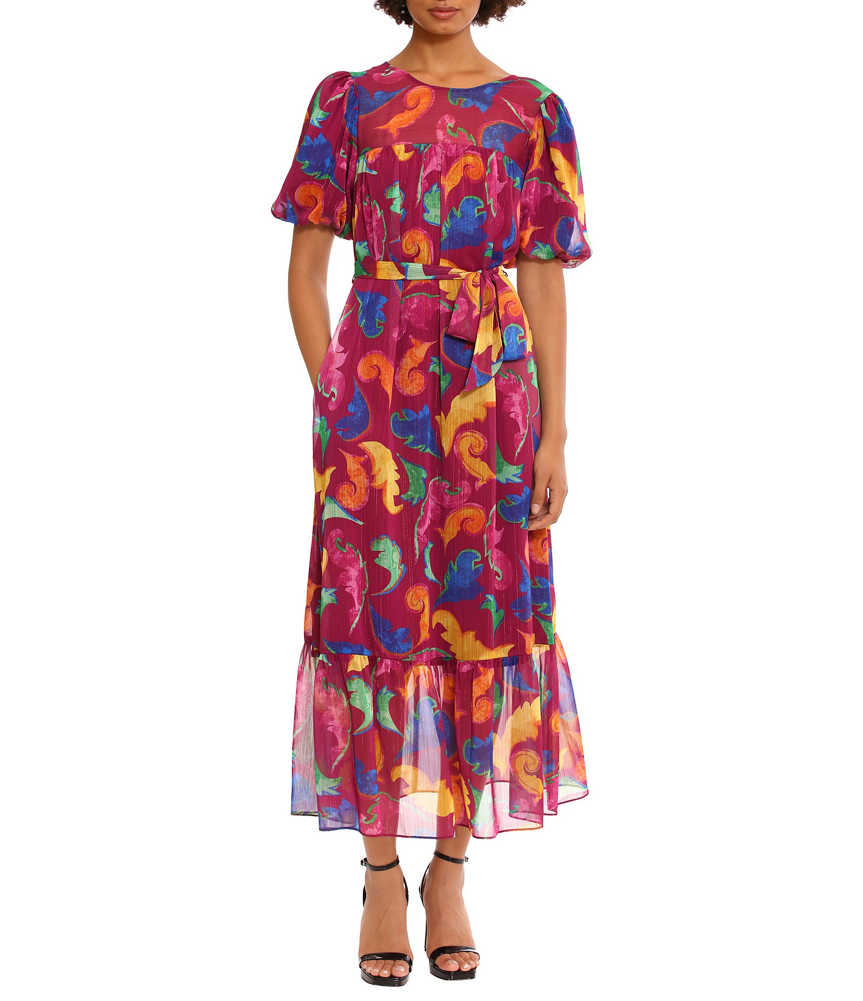 Donna Morgan Printed Crew Neck Short Puffed Sleeve A-Line Dress | Dillard's