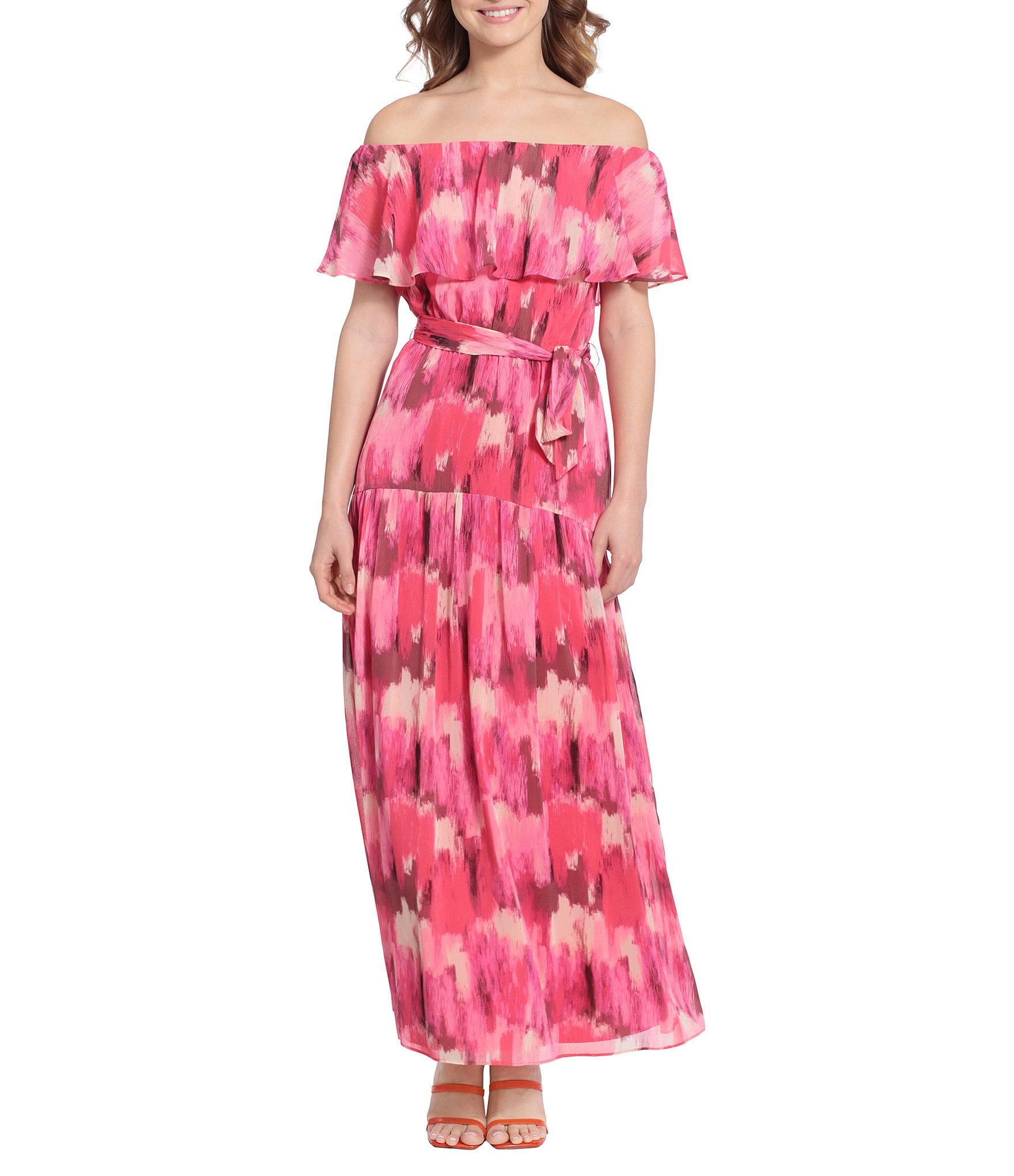 Donna Morgan Printed Off-the-Shoulder Belted Ruffle Maxi Dress | Dillard's