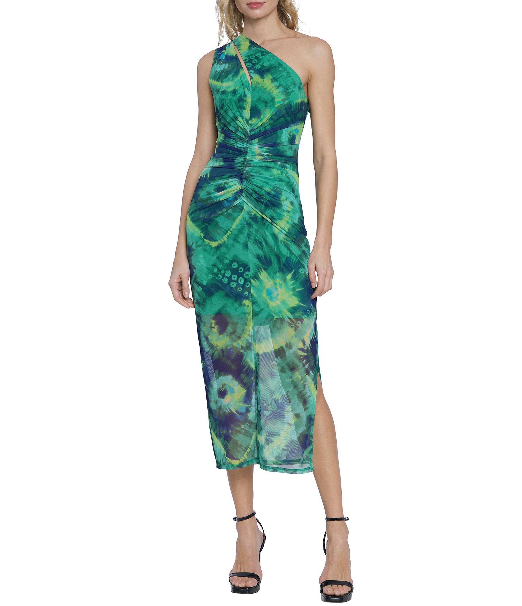 Donna Morgan Printed Power Mesh One Shoulder Sleeveless Cutout Ruched