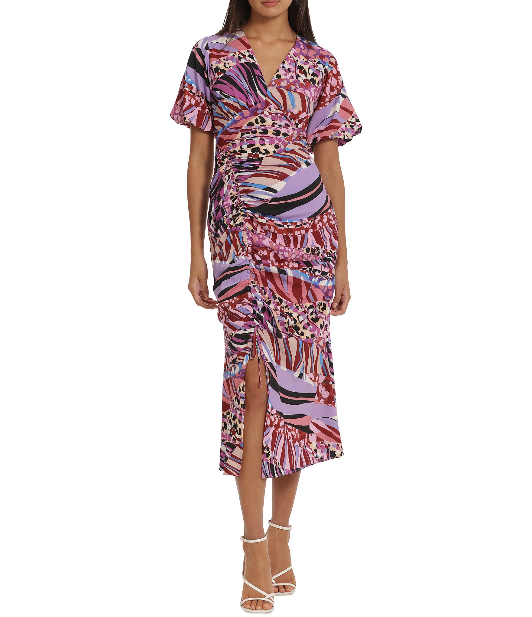 Donna Morgan Printed V-Neck Short Flutter Sleeve Ruched Skirt Midi ...