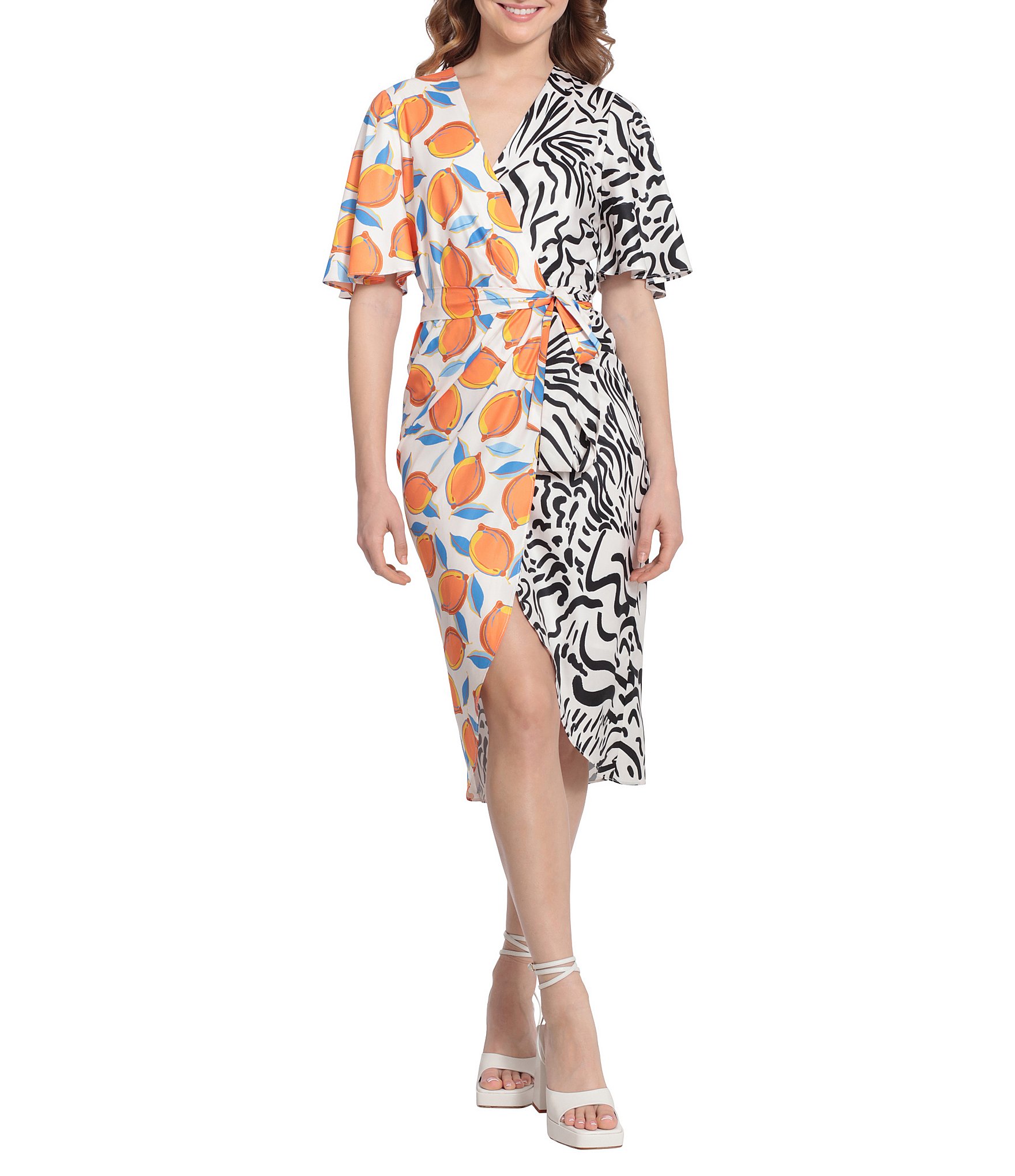 Donna Morgan Short Sleeve Color Block Wrap Midi Dress | Dillard's