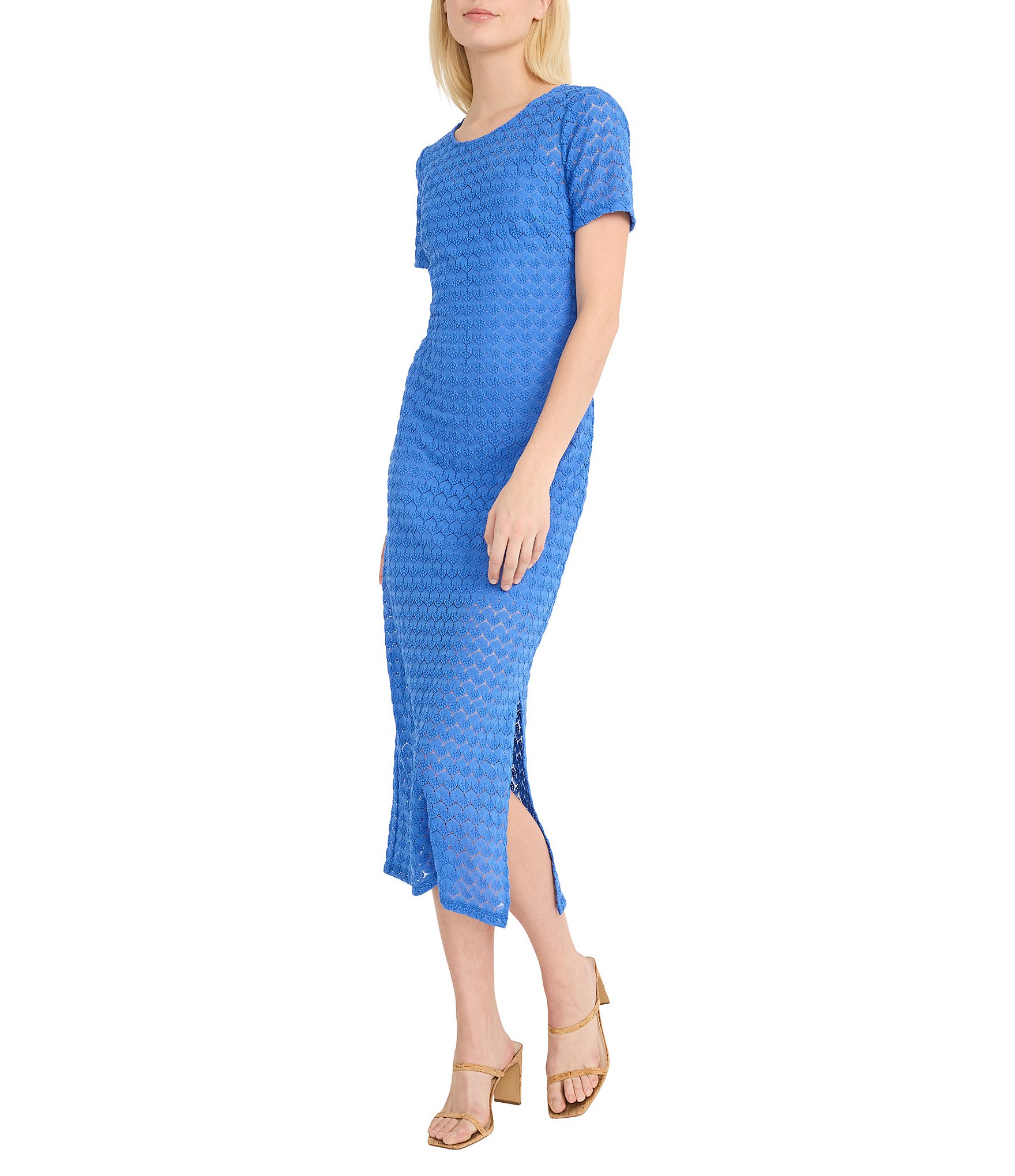 Donna Morgan Short Sleeve Illusion Hem Crochet Sheath Midi Dress