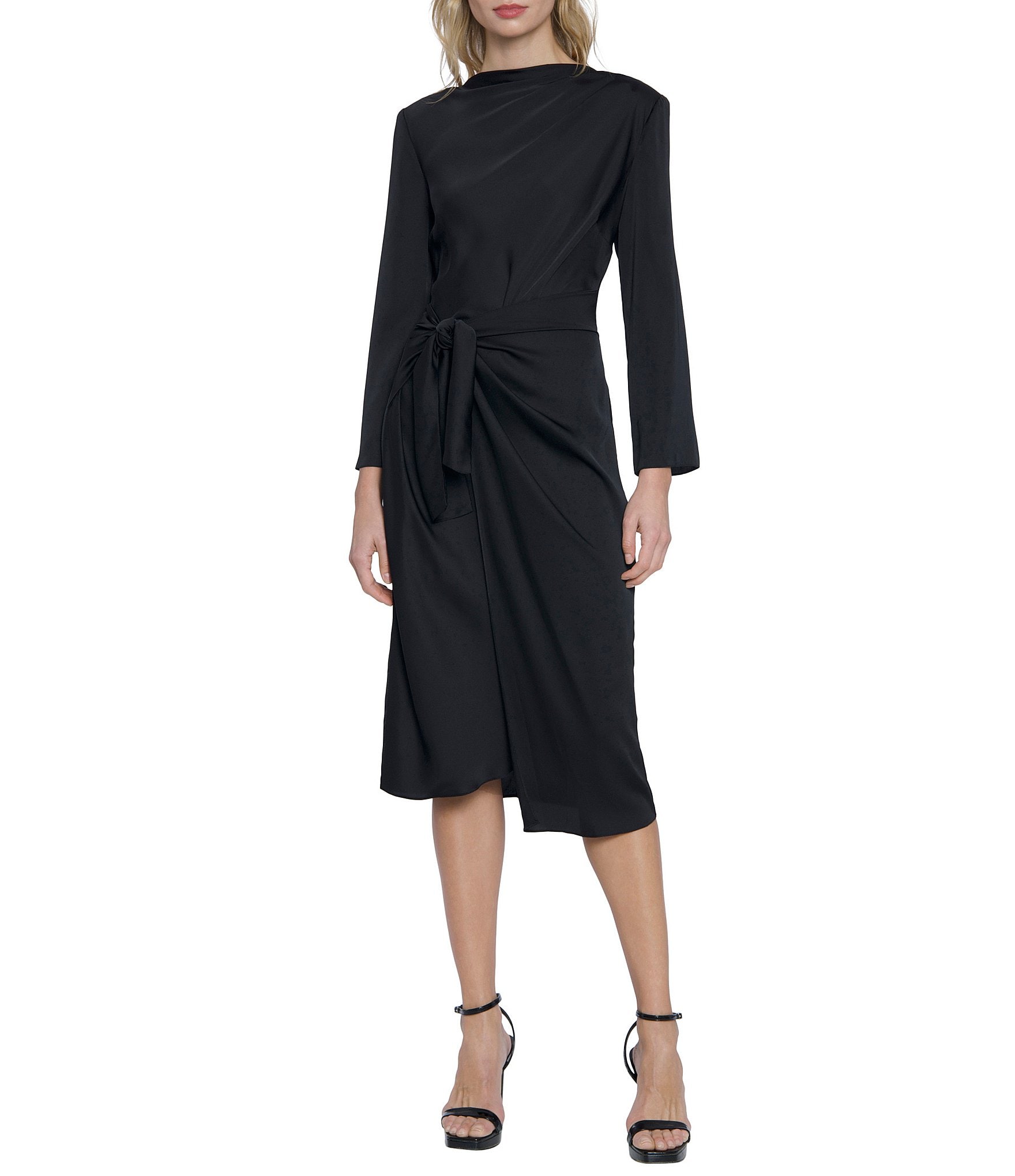 Donna Morgan Stretch Charmeuse High Neck Long Sleeve Tie Waist Side Slit  Asymmetrical Hem Shift Dress | Dillard's