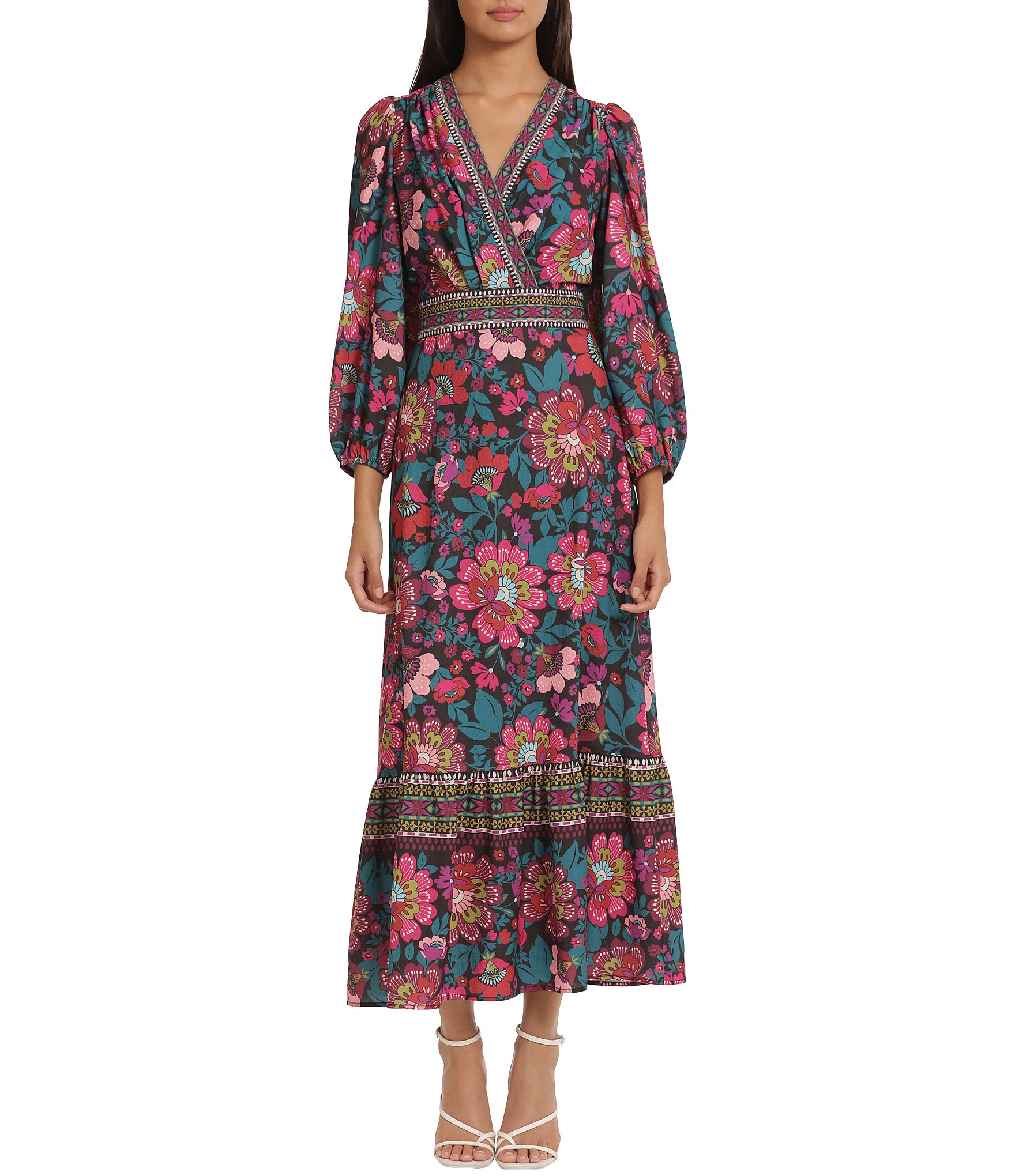 Donna Morgan Stretch Floral Printed Surplice V Neckline Long Puff Sleeve  Maxi Dress