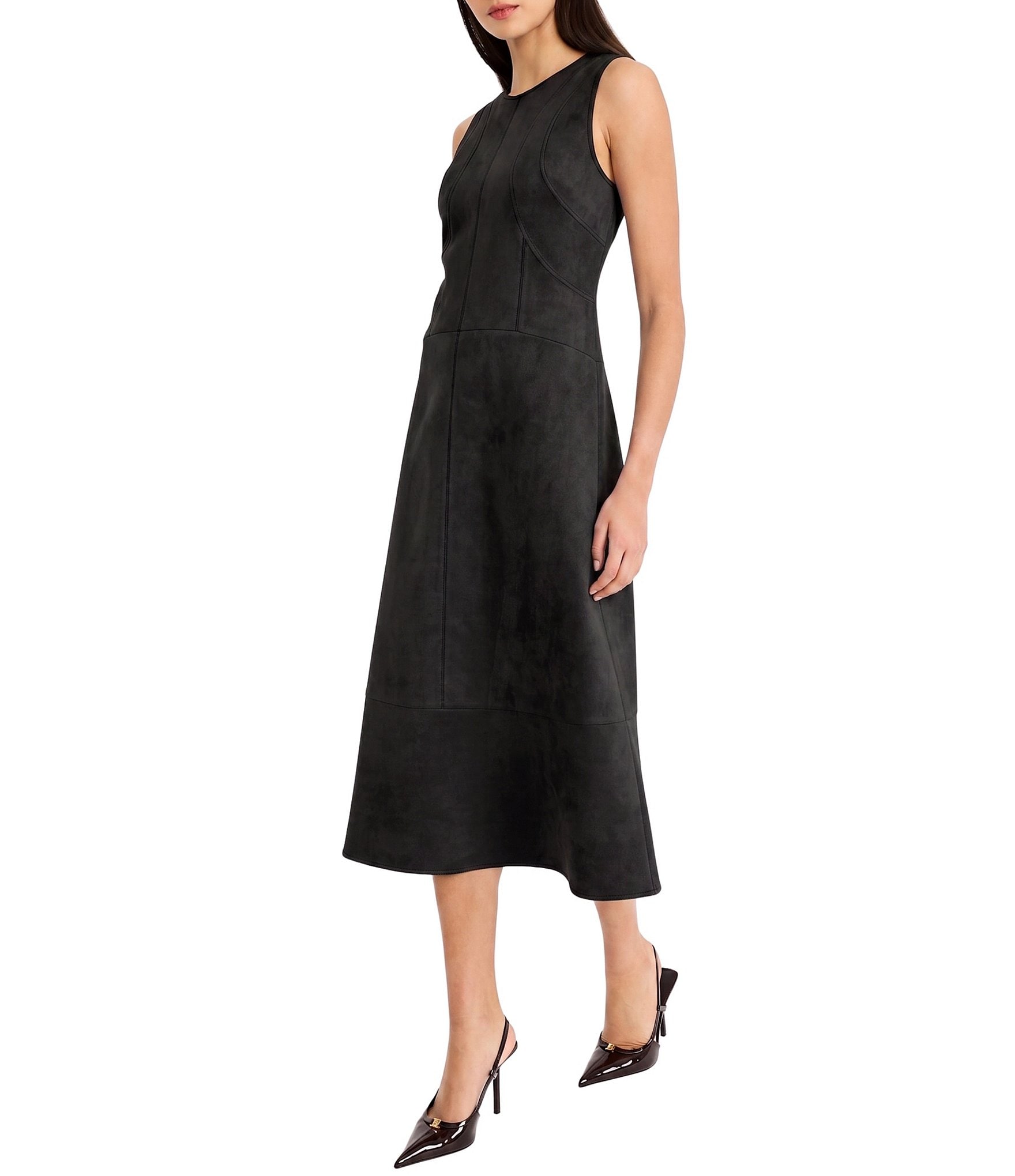 Donna Morgan Suede Crew Neck Sleeveless Midi Dress