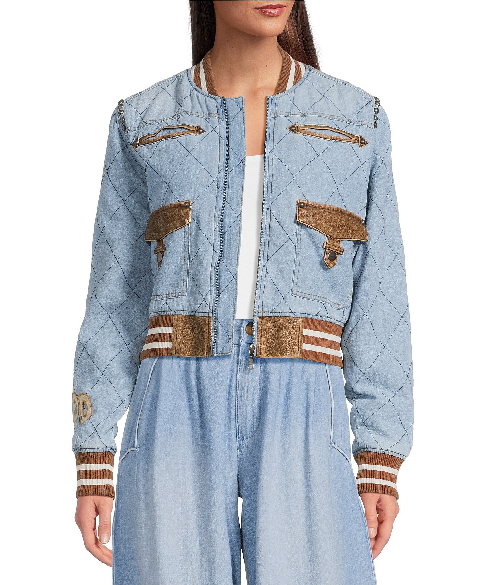 Double D Ranch Branded & True Round Neck Long Sleeve Studded Emroidered Bomber Jacket