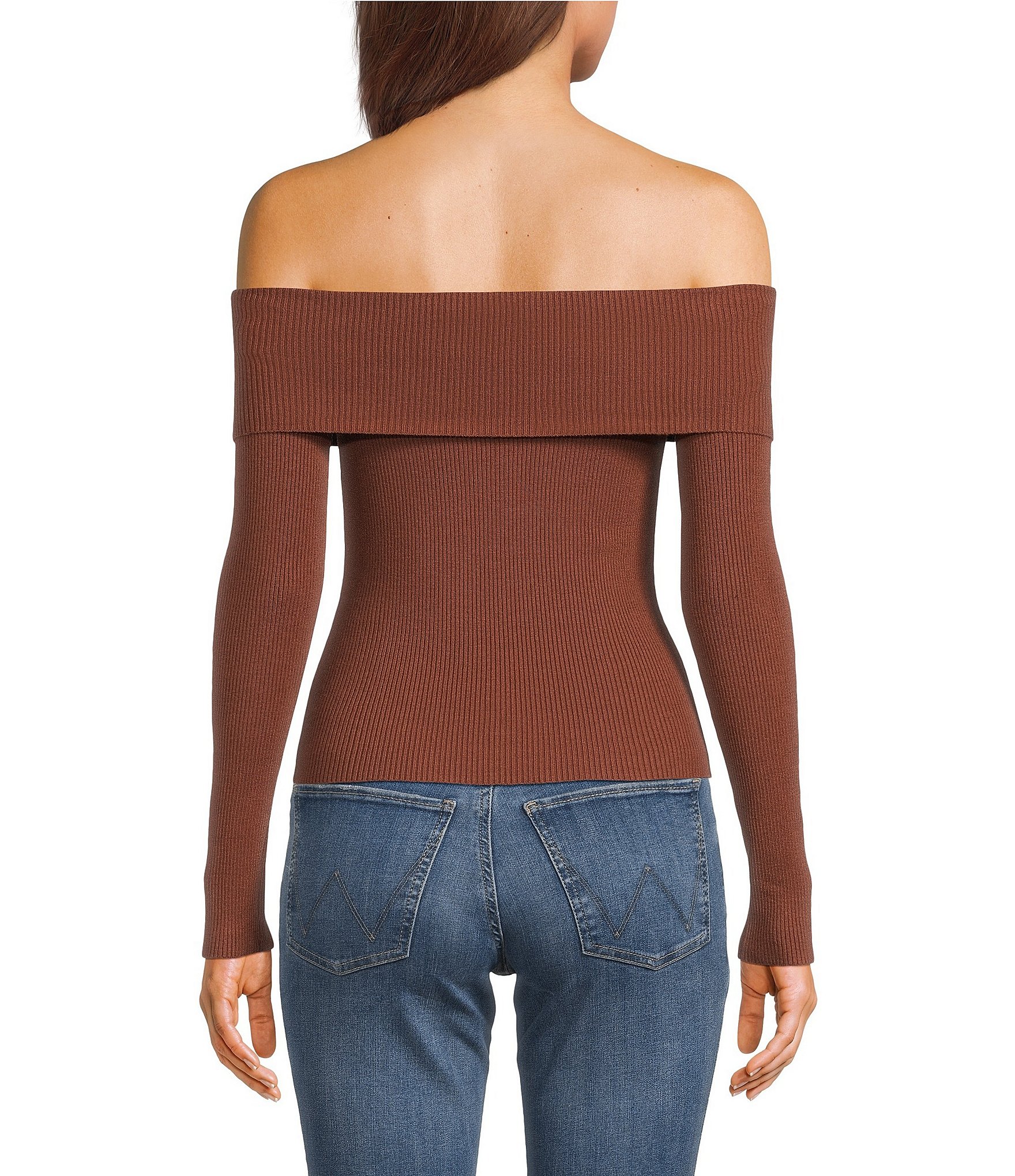 Double Zero Cropped Ribbed Knit Off-The-Shoulder Long Sleeve Top
