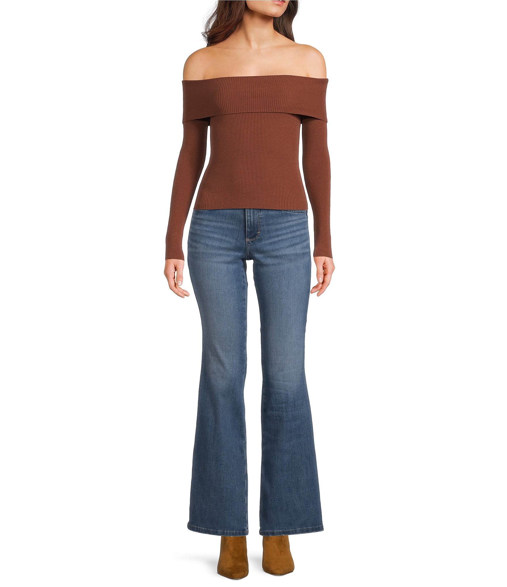 Double Zero Cropped Ribbed Knit Off-The-Shoulder Long Sleeve Top