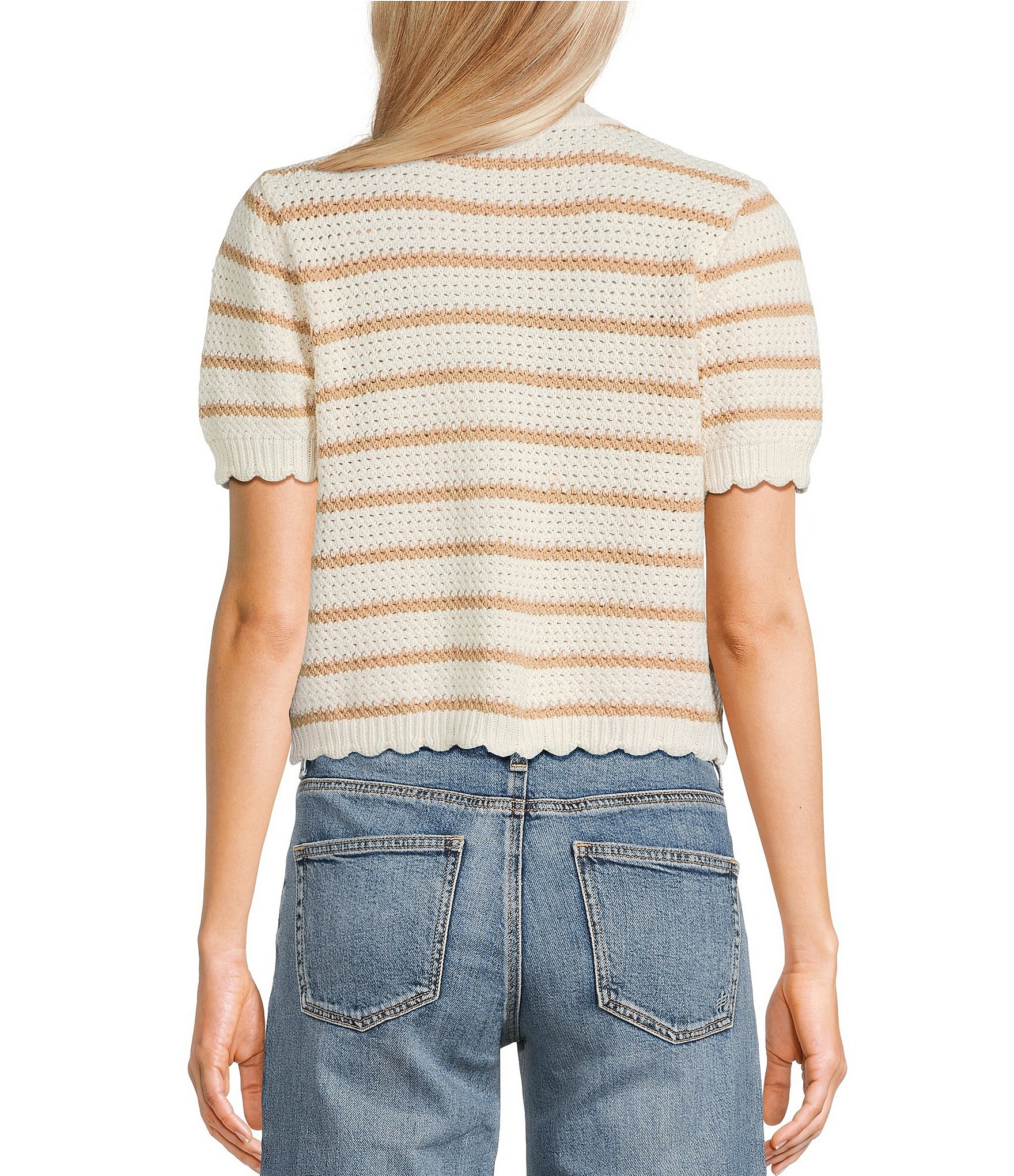 Double Zero Striped Short Sleeve Scalloped Button Front Sweater