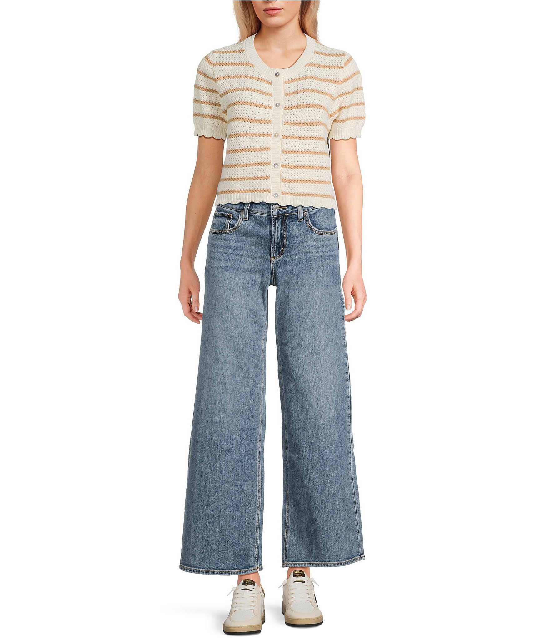 Double Zero Striped Short Sleeve Scalloped Button Front Sweater