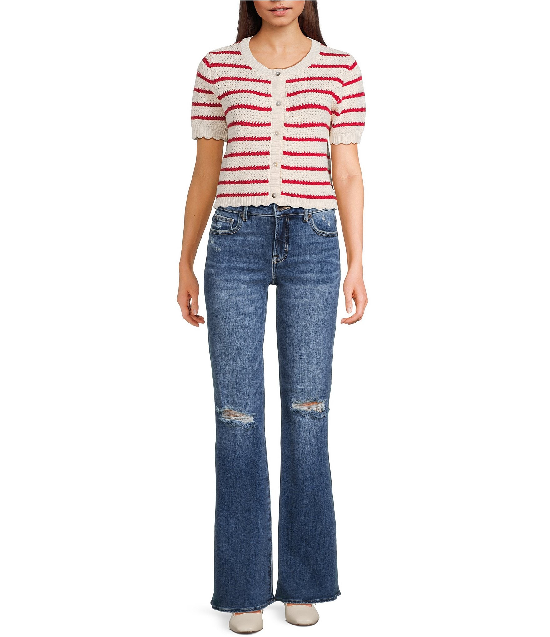 Double Zero Striped Short Sleeve Scalloped Button Front Sweater