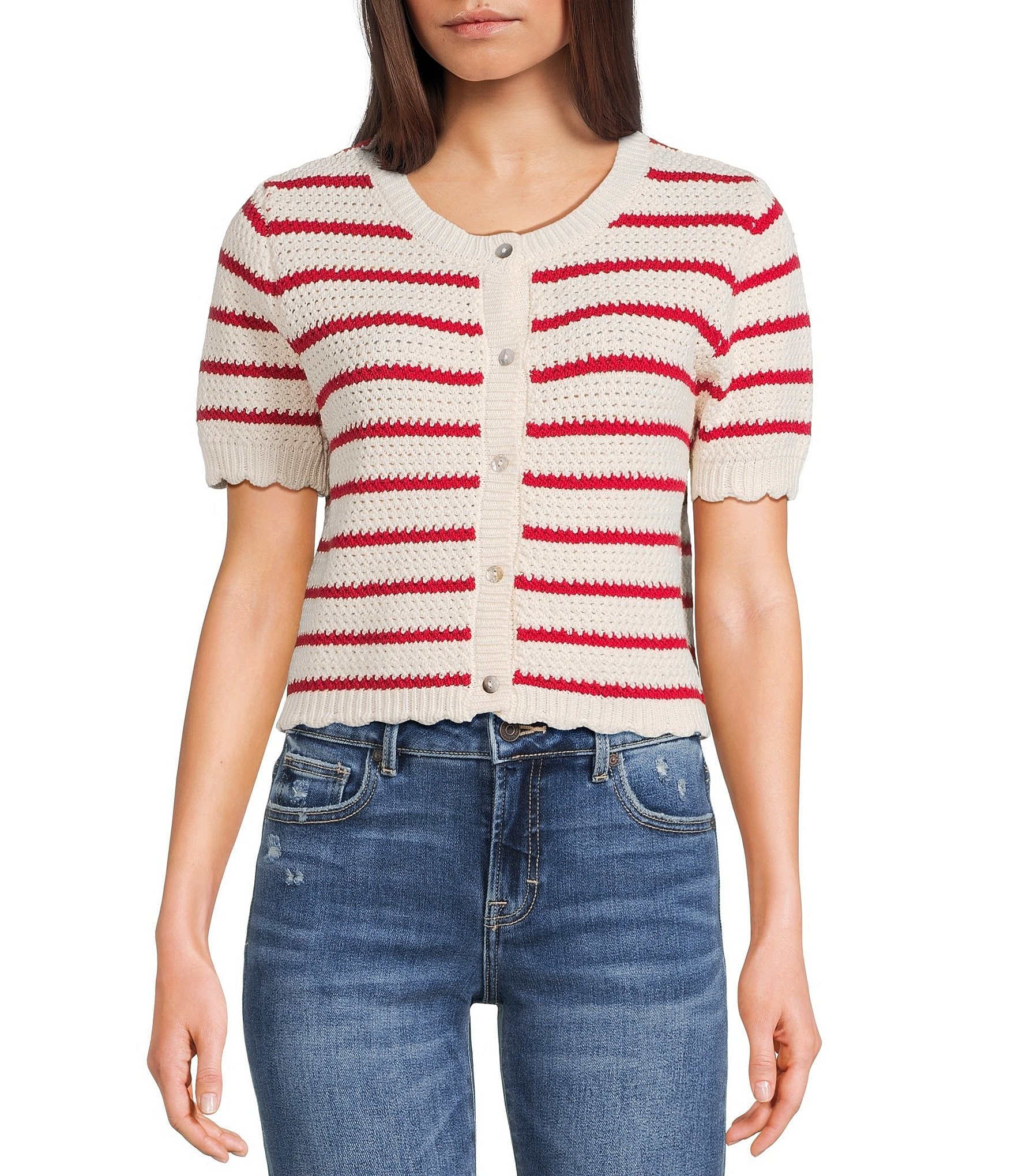 Double Zero Striped Short Sleeve Scalloped Button Front Cropped Sweater