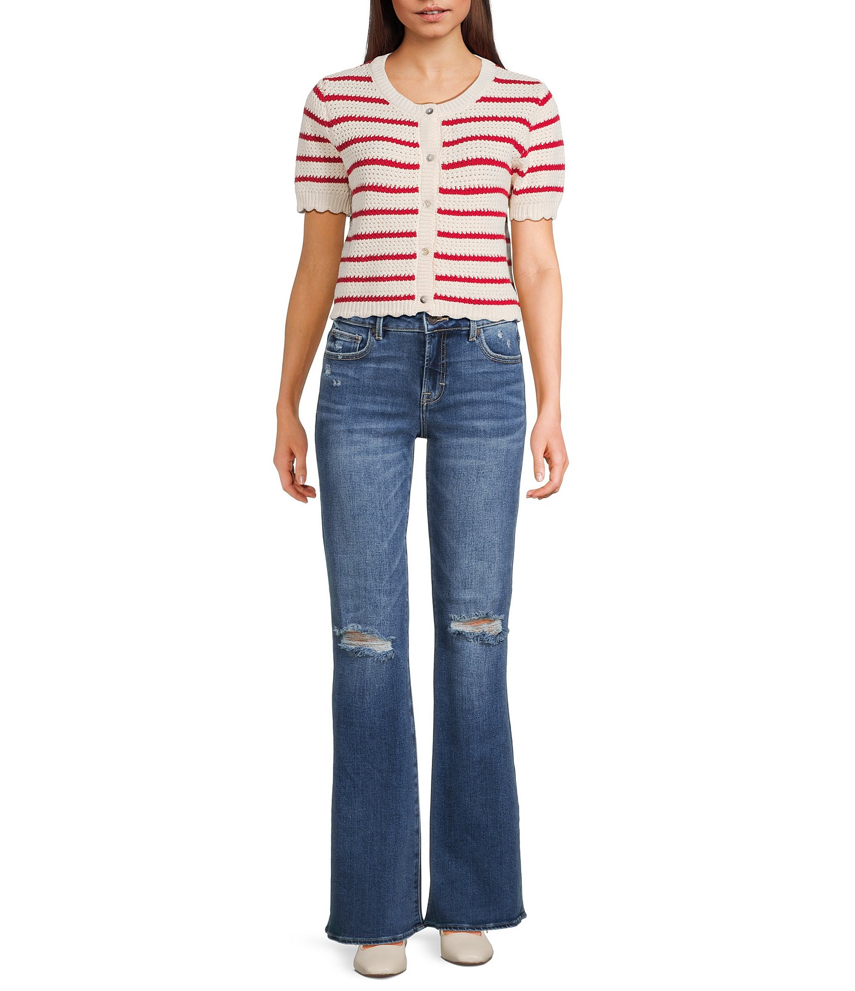 Double Zero Striped Short Sleeve Scalloped Button Front Cropped Sweater