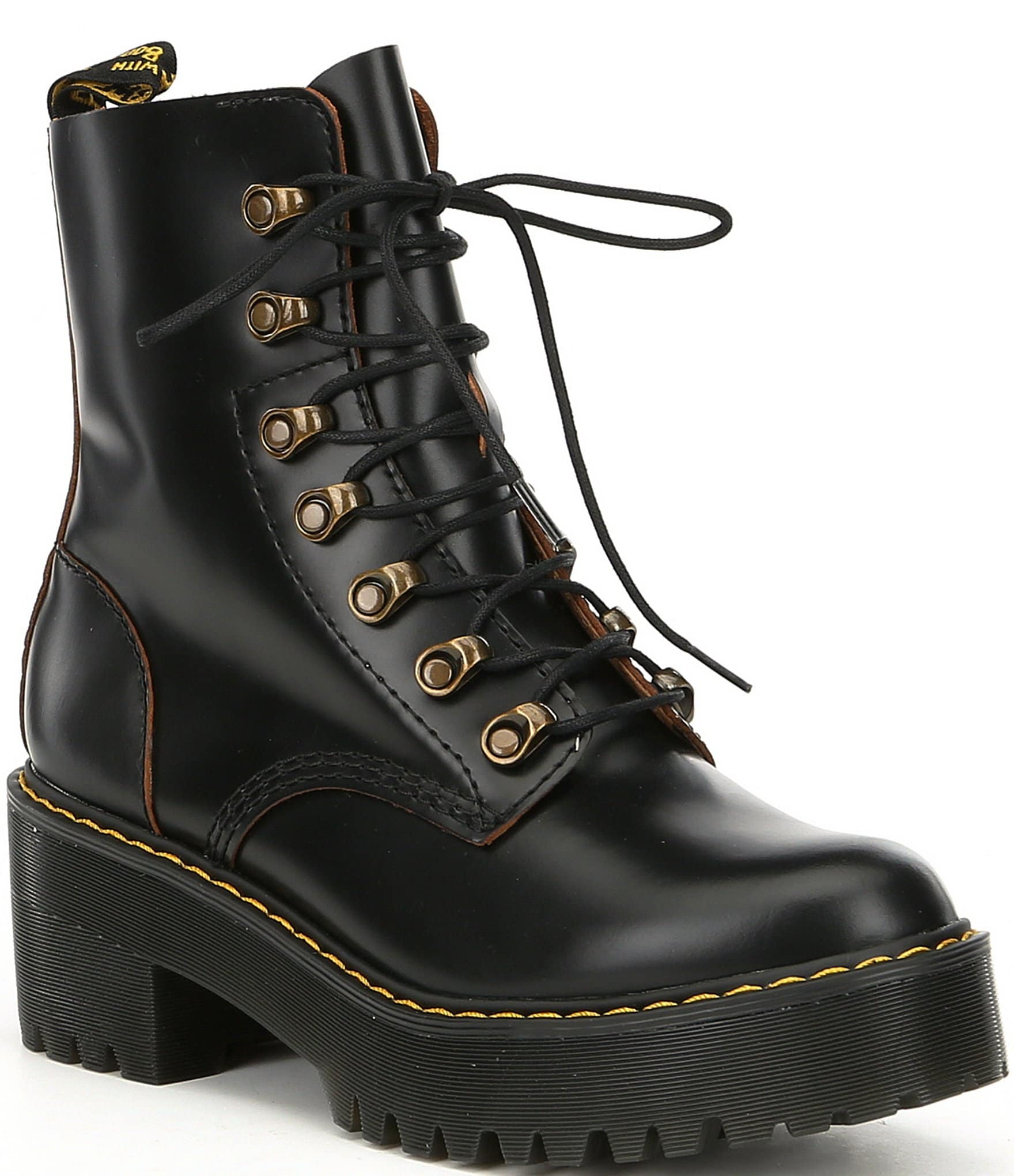 Martens Leona Smooth Leather Chunky Lug Sole Platform Heel Combat Boots ...