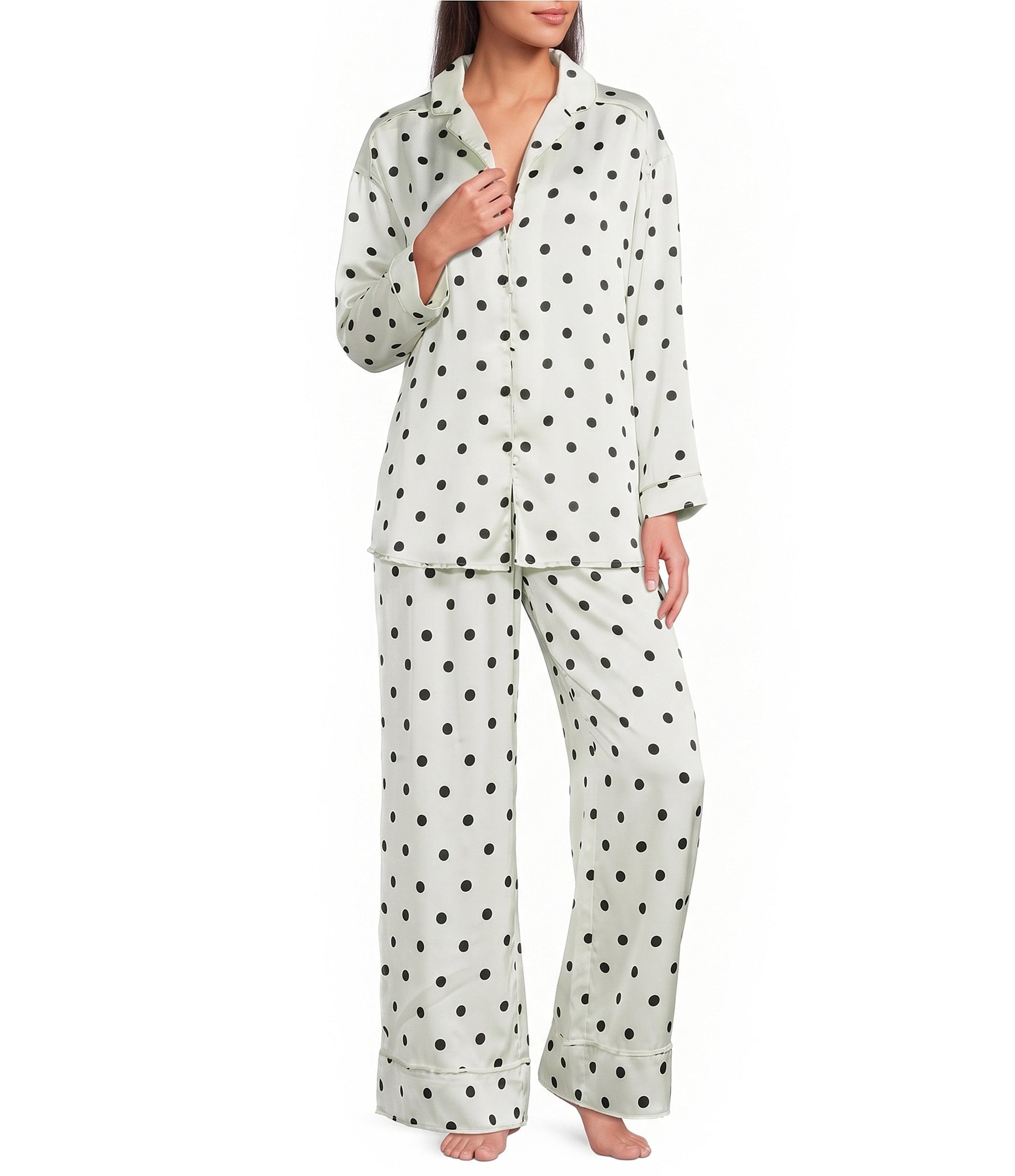 Dreamy Days Polka Dot Print Satin Notch Collar Long Sleeve Wide Leg Oversized Pajama Set