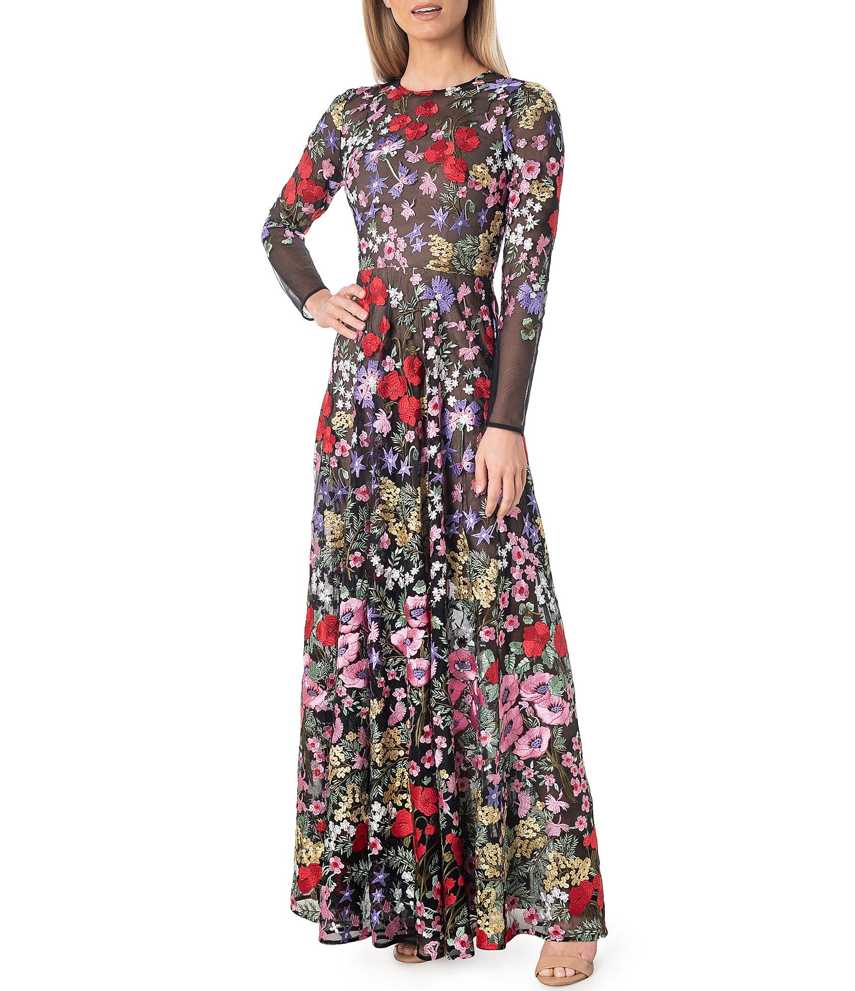 Dress the Population Ava Floral Embroidered Long Sleeve Crew Neck Gown ...