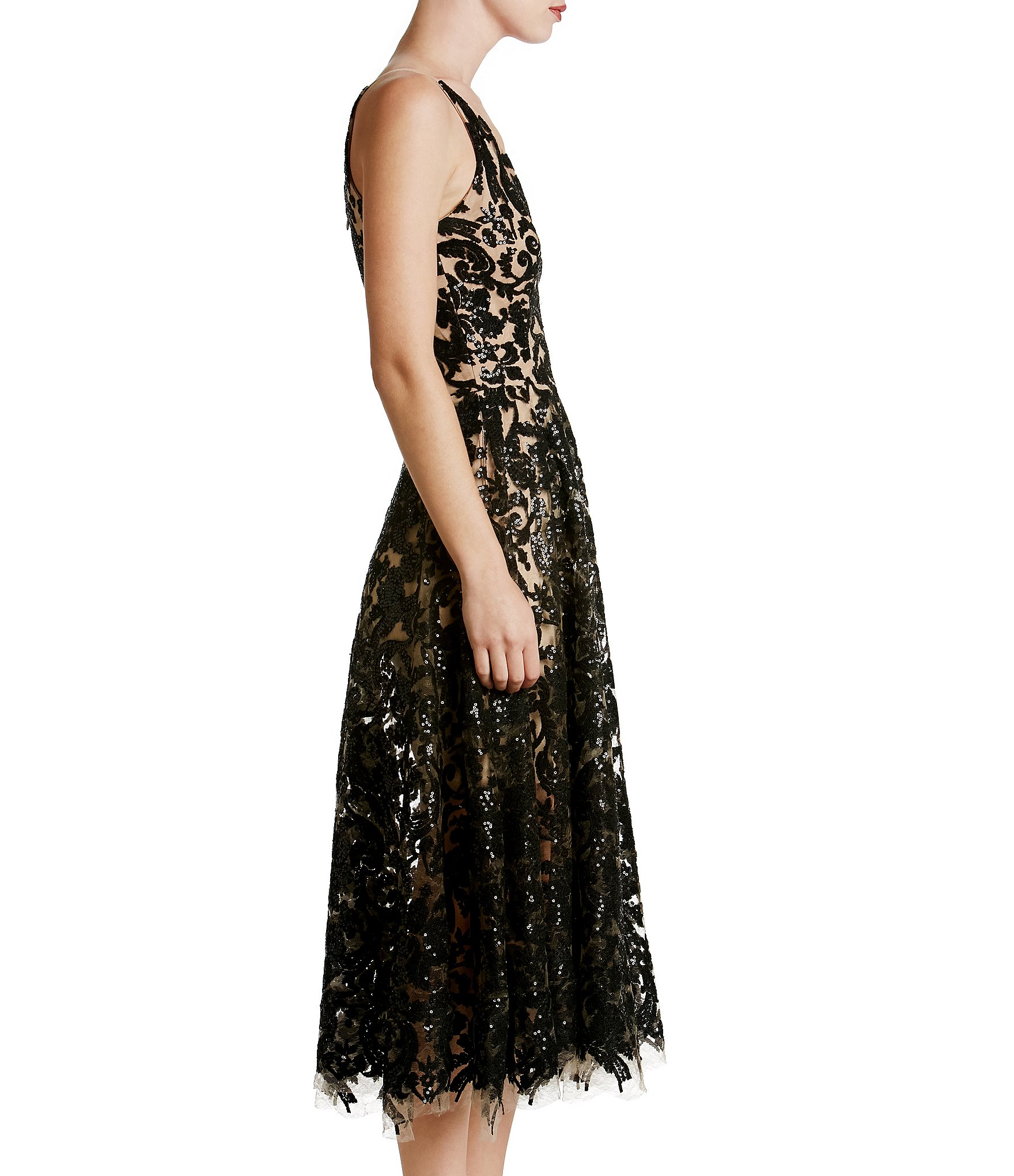 Dress the Population Blair Sequin Embroidered Mesh V-Neck Sleeveless A-Line Dress