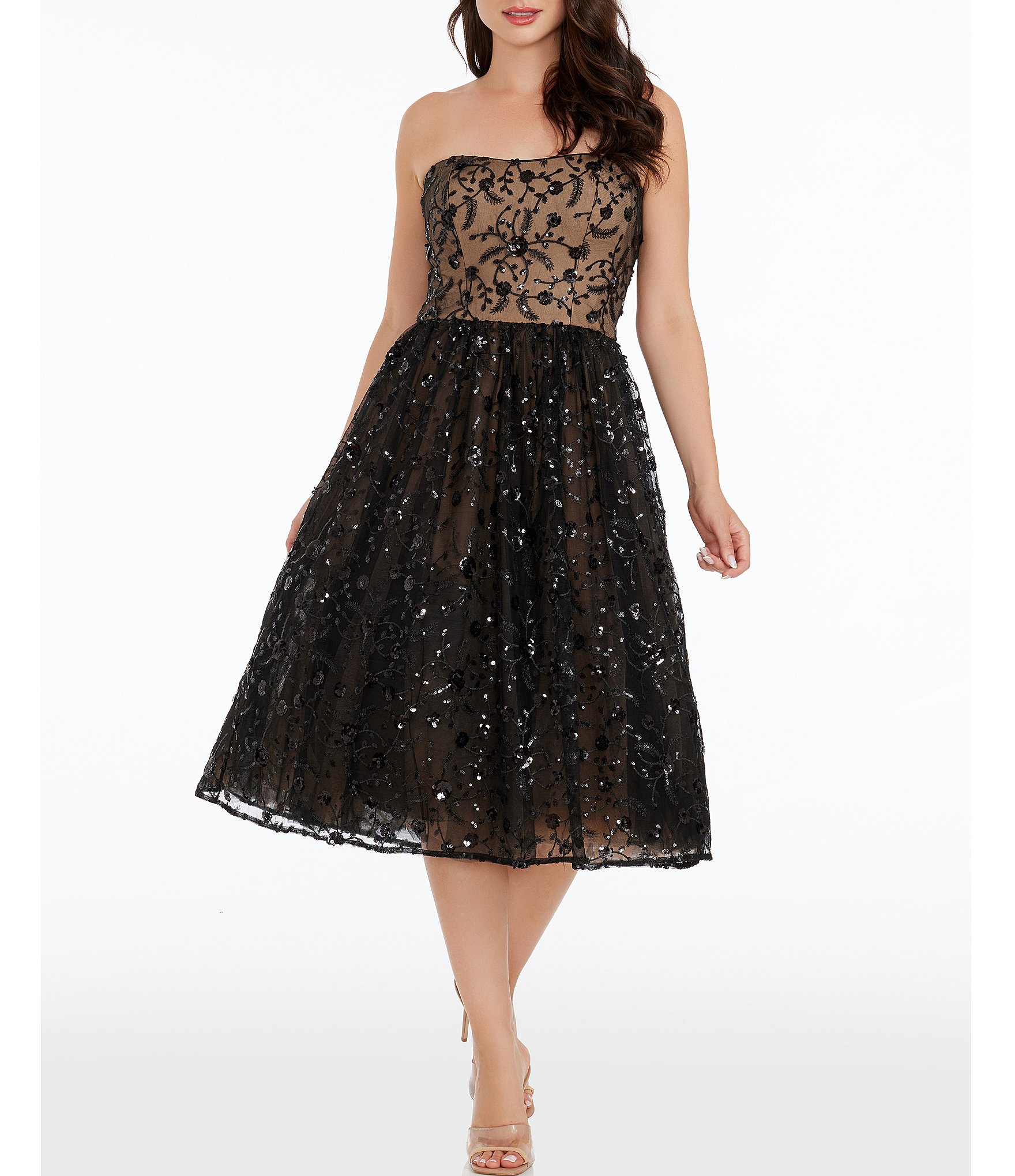 Dress the Population Embroidered Tulle Strapless Fit and Flare