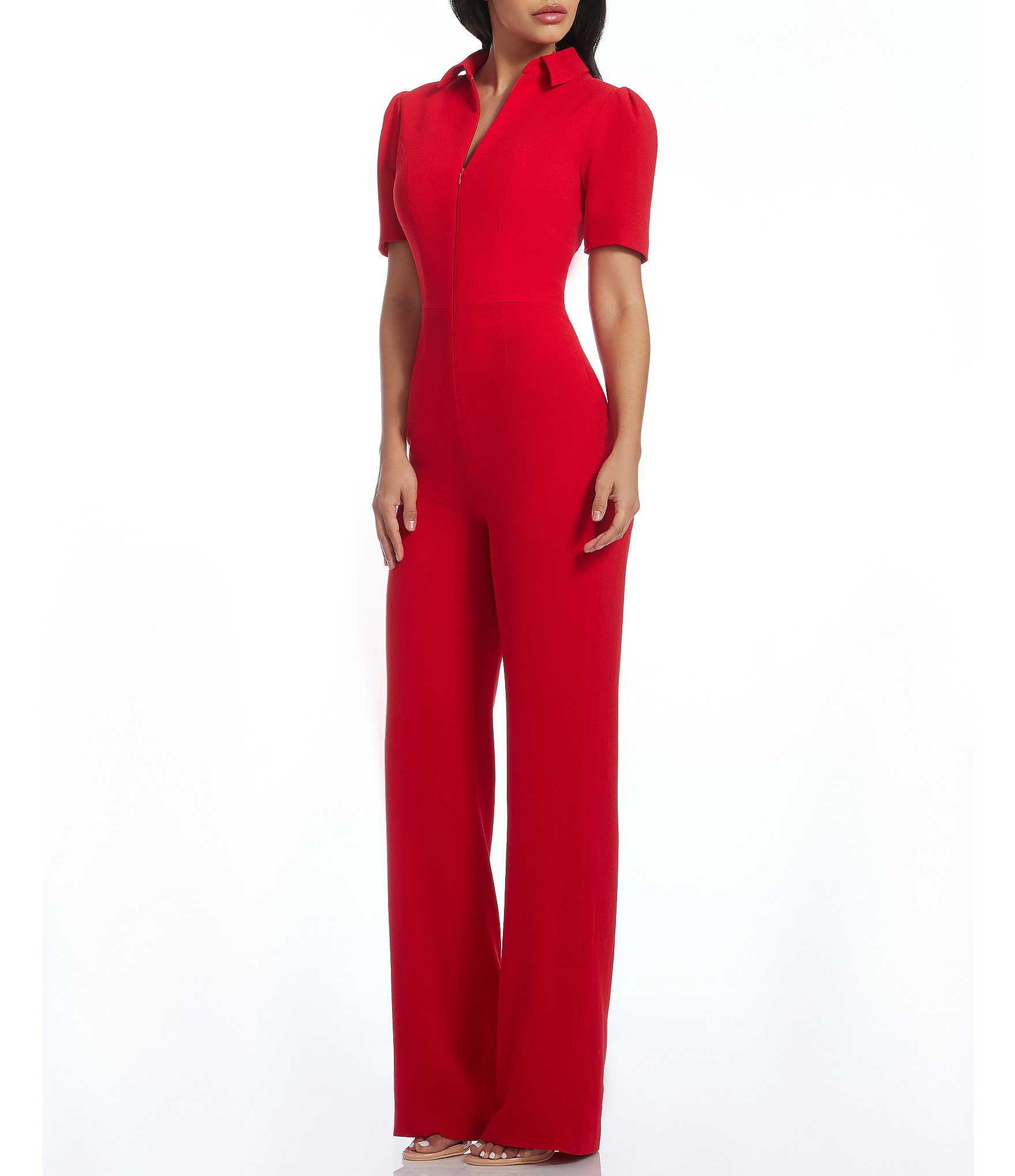 Dress the Population Gloria Collared Zip Neck Short Sleeve Wide Leg Jumpsuit