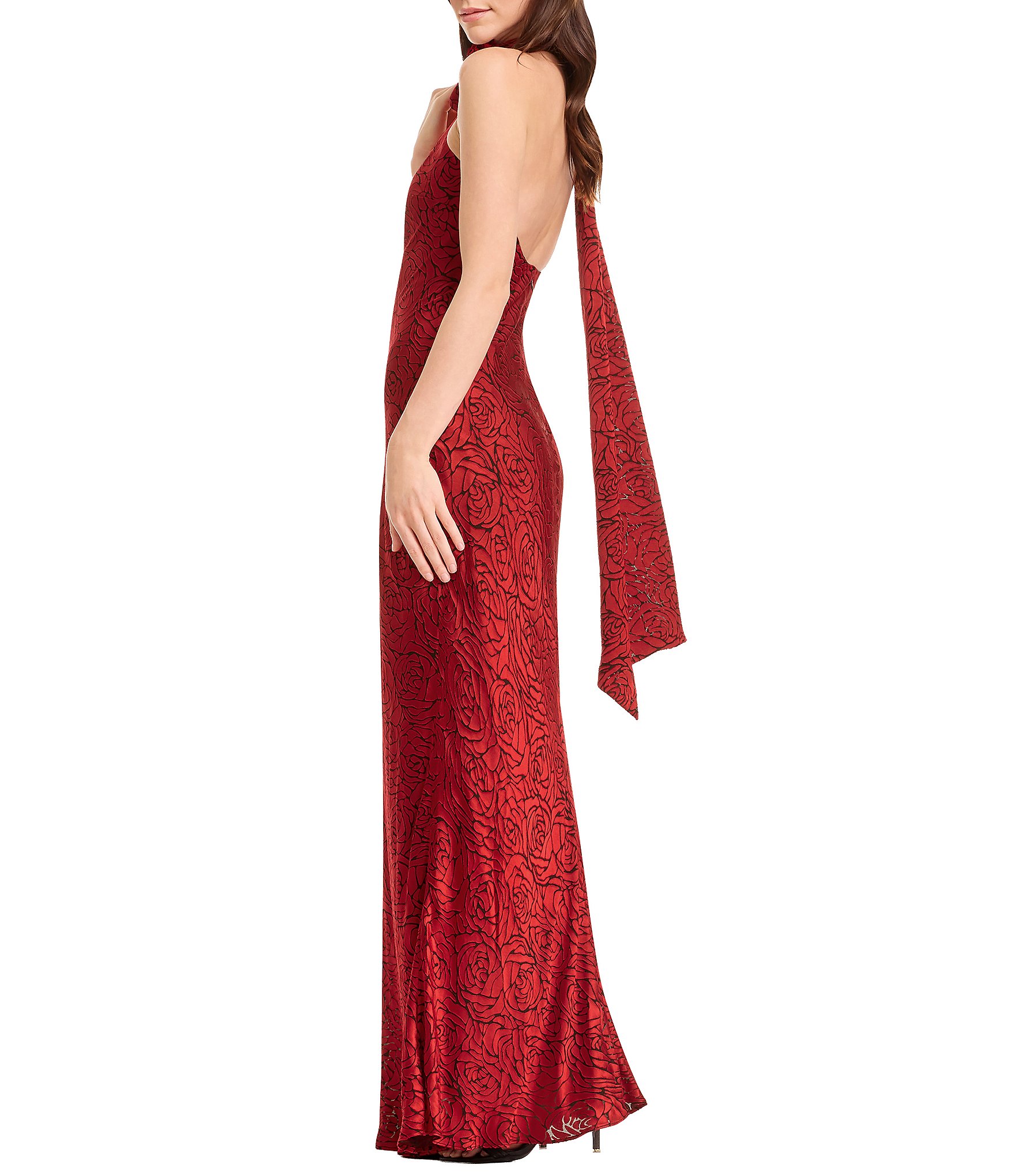 Dress the Population Halter Mock Neck Sheath Gown With Extended Neck Drape