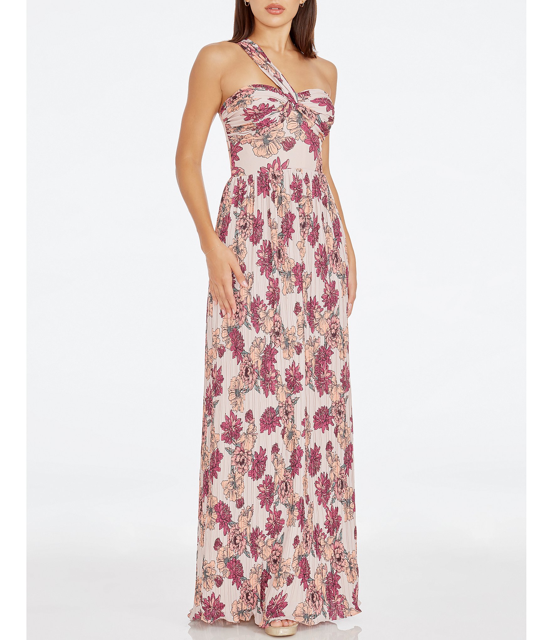 Dress the Population Idalia Floral Print One Shoulder Sleeveless Pleated Maxi Dress