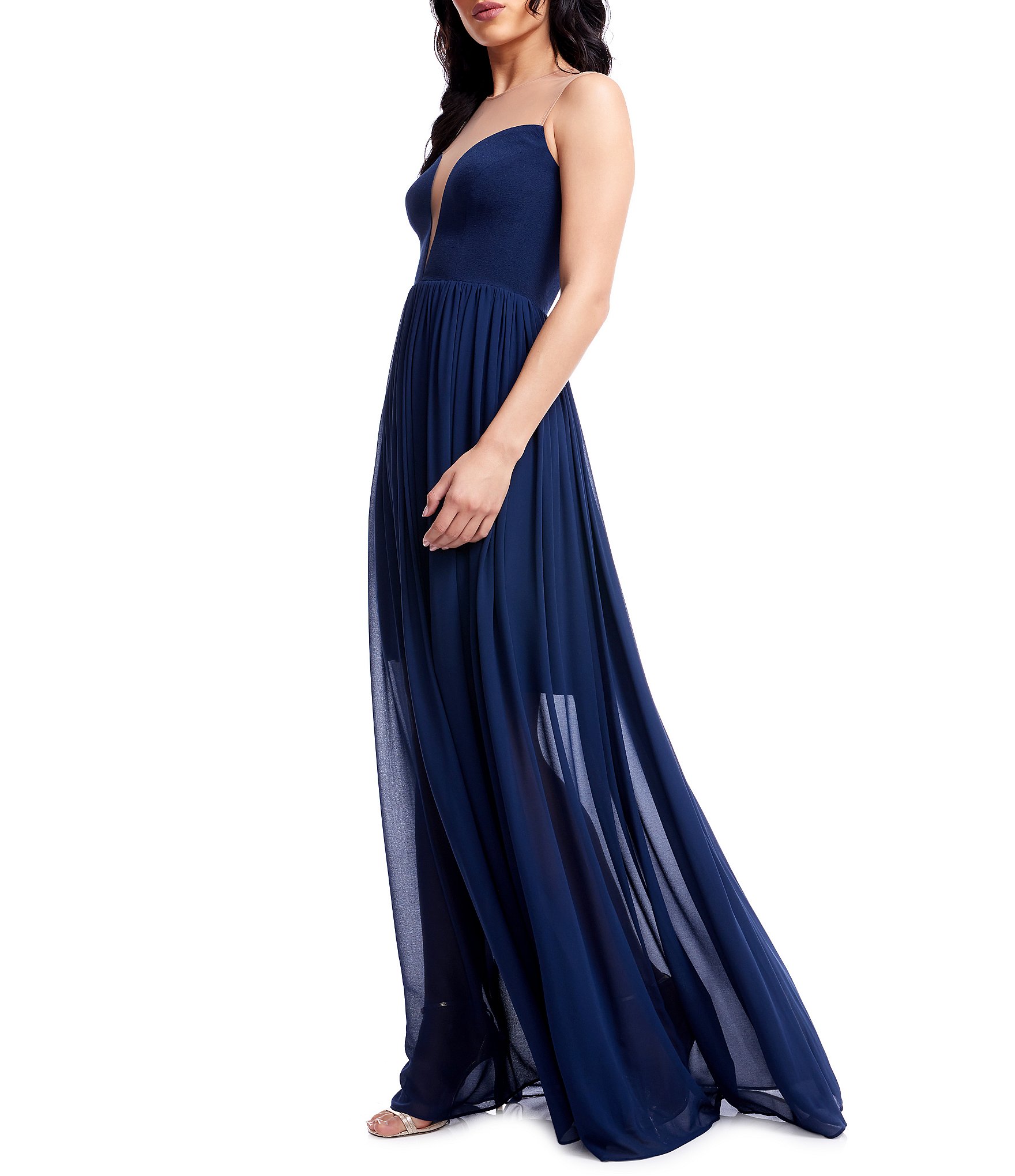 Dress the Population Illusion Plunge Neck Sleeveless Fit and Flare Gown