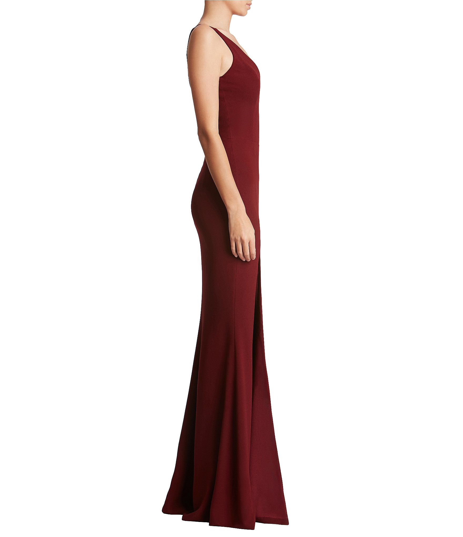 Dress the Population Iris Crepe Plunge V-Neck Thigh High Slit Sleeveless Gown