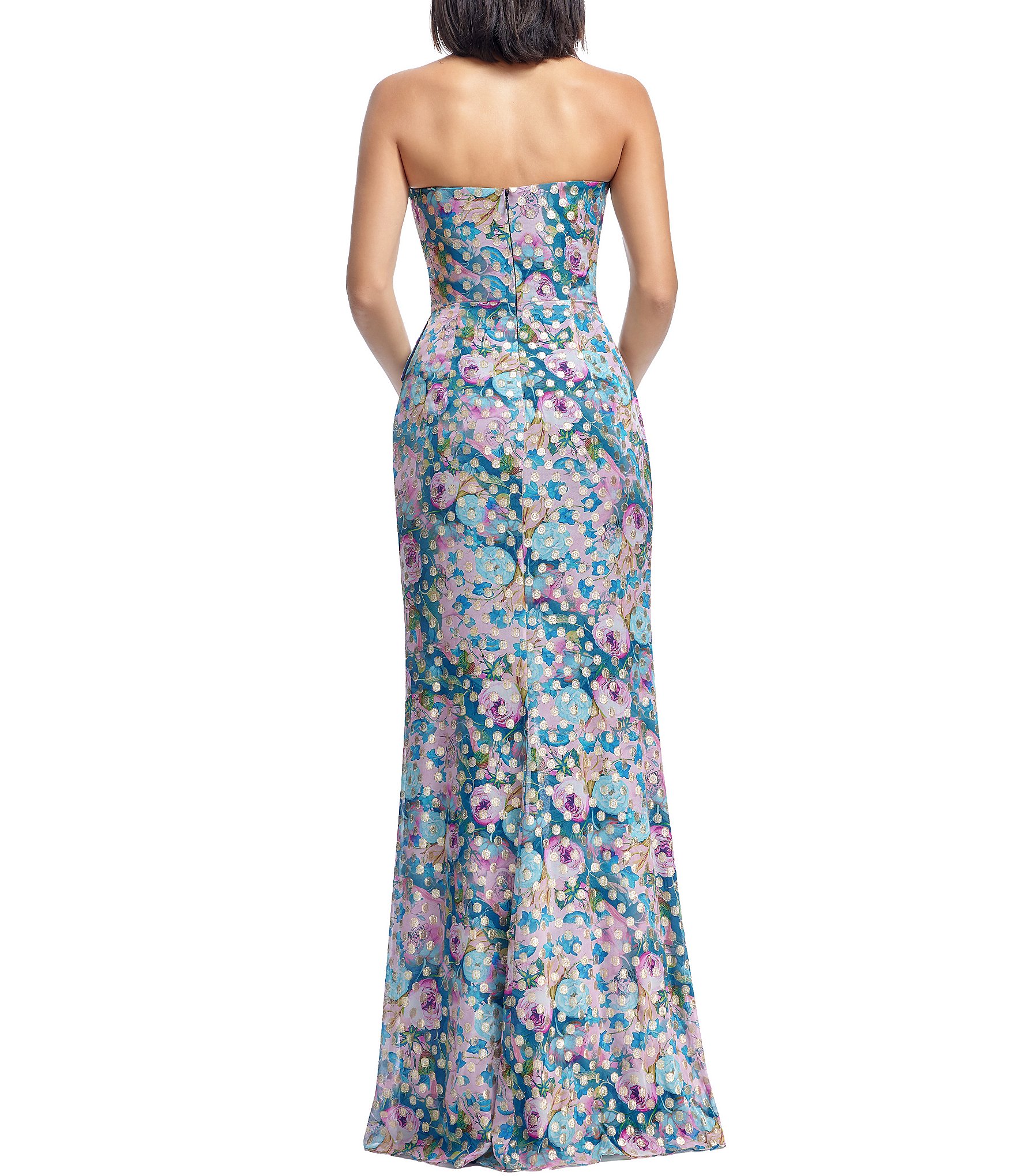 Dress the Population Kai Strapless Ruffle Front Floral Print Metallic Dotted Sheath Gown