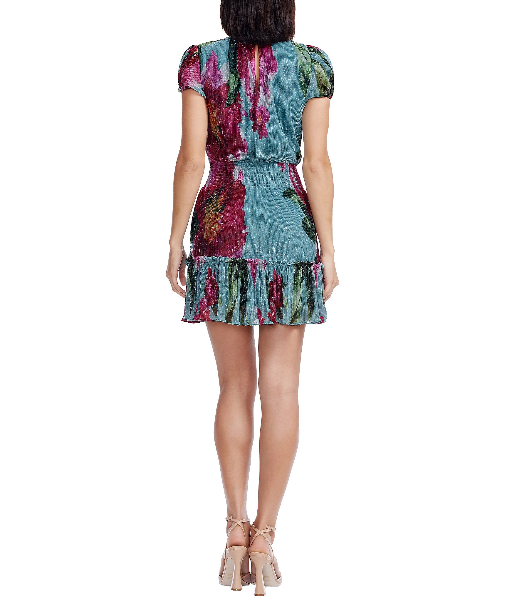 Dress the Population Kenley Round Neck Short Sleeve Floral Print Chiffon Blouson Dress