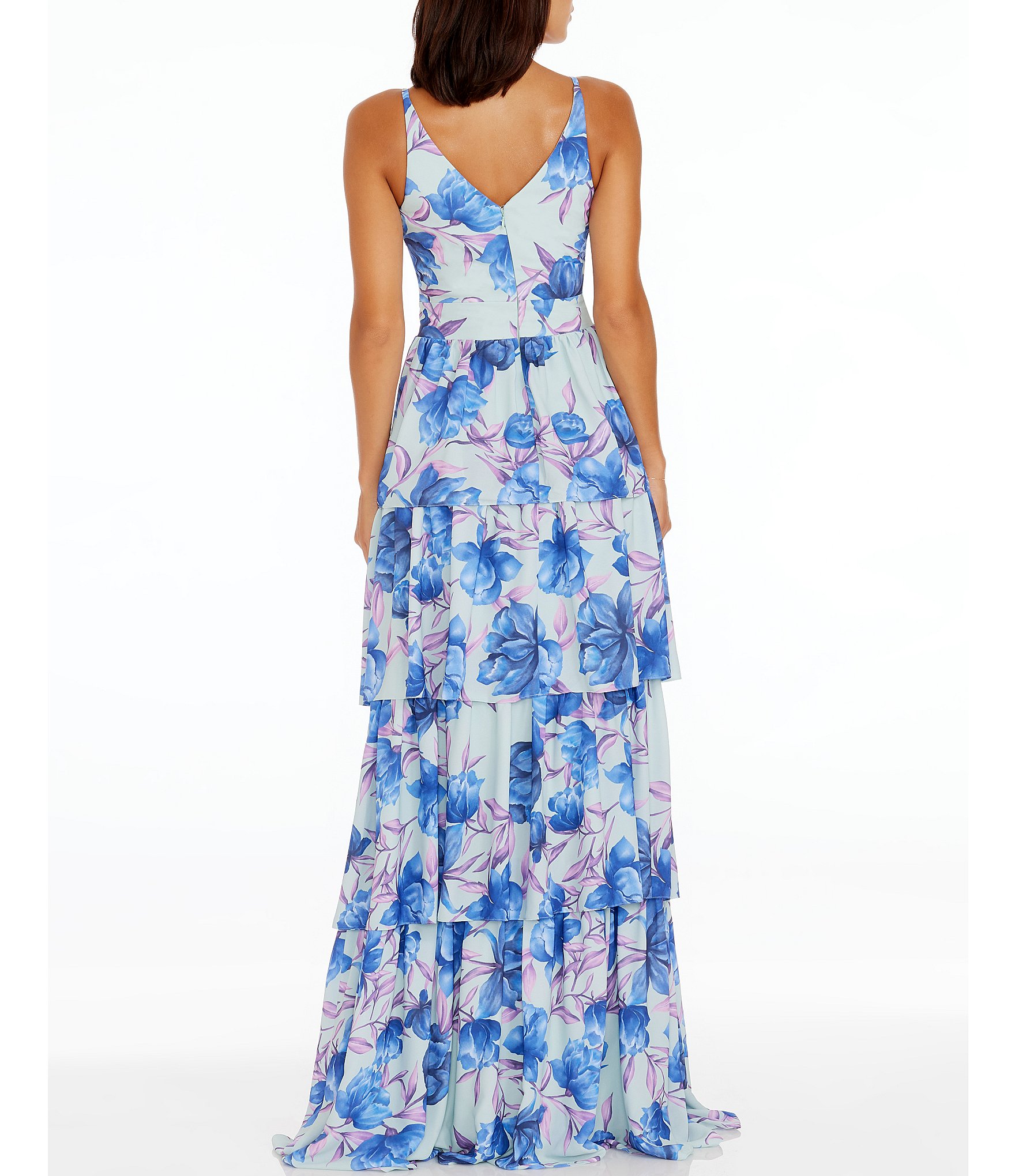 Dress the Population Lorain Floral Print V-Neck Sleeveless Tiered Gown