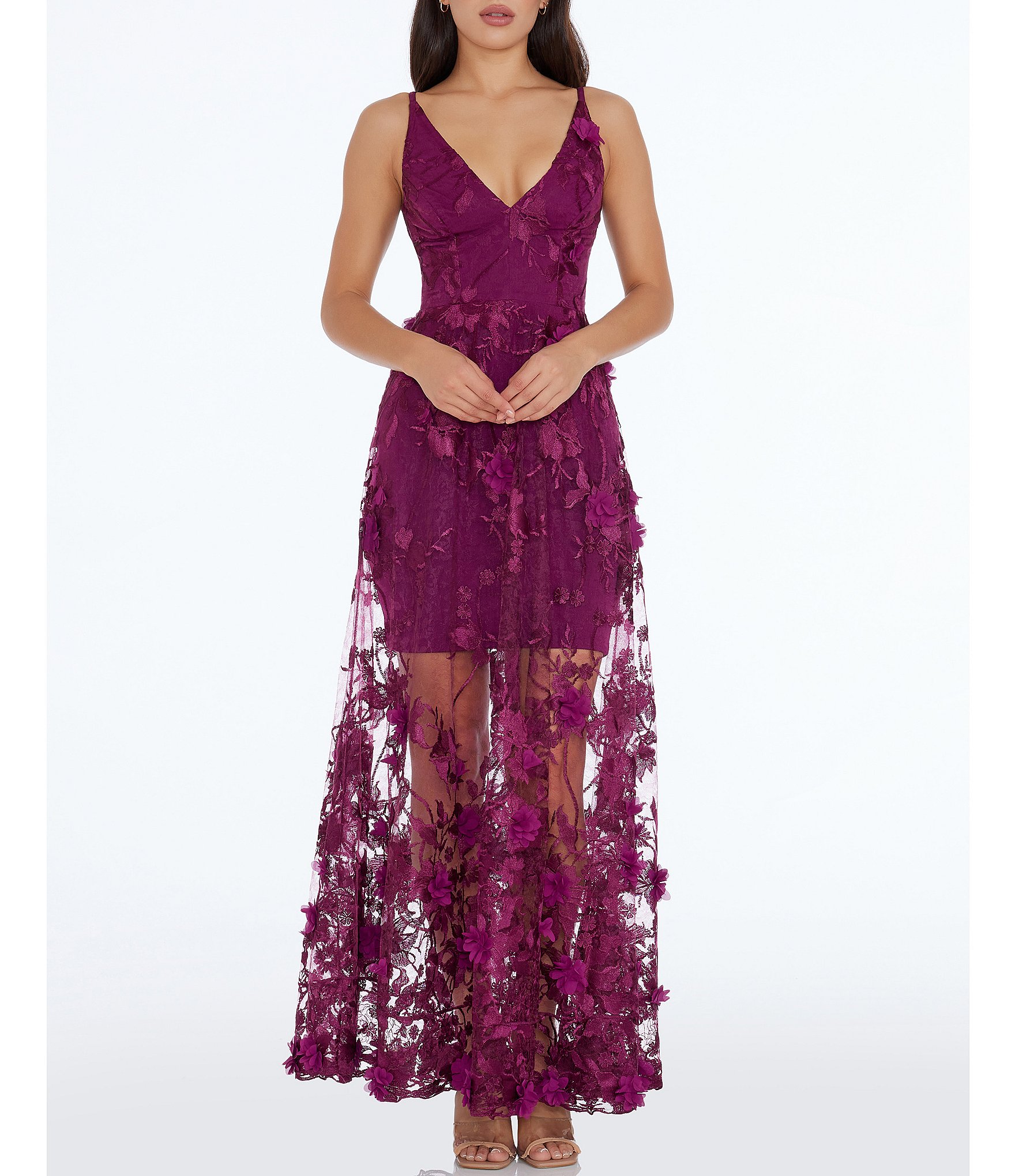 Dress the Population Sidney 3D Floral Plunging V-Neck Sleeveless Maxi Dress  | Dillard's