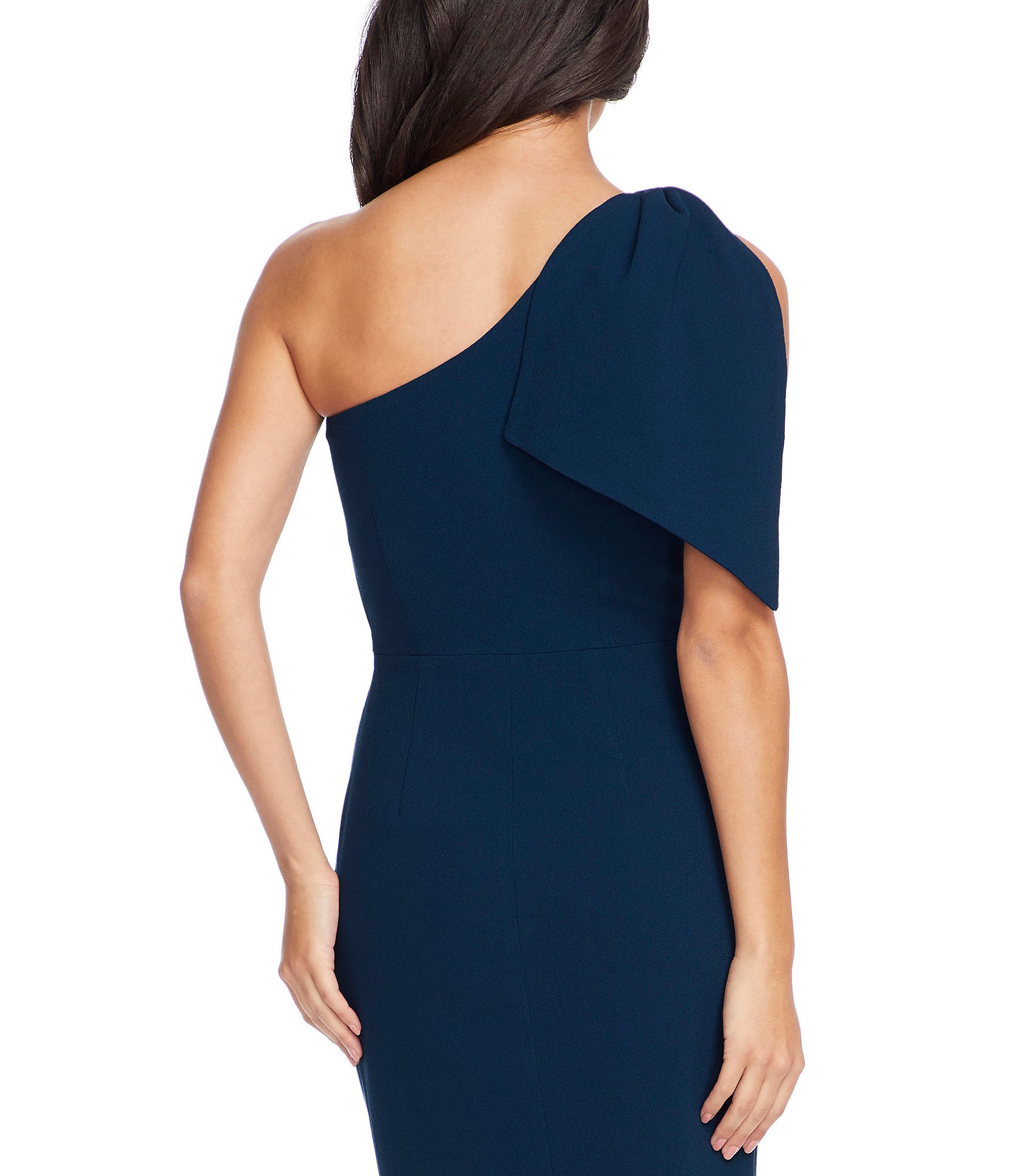 Dress the Population Tiffany One Shoulder Bow Detail Sleeveless Back Slit Midi Sheath Dress