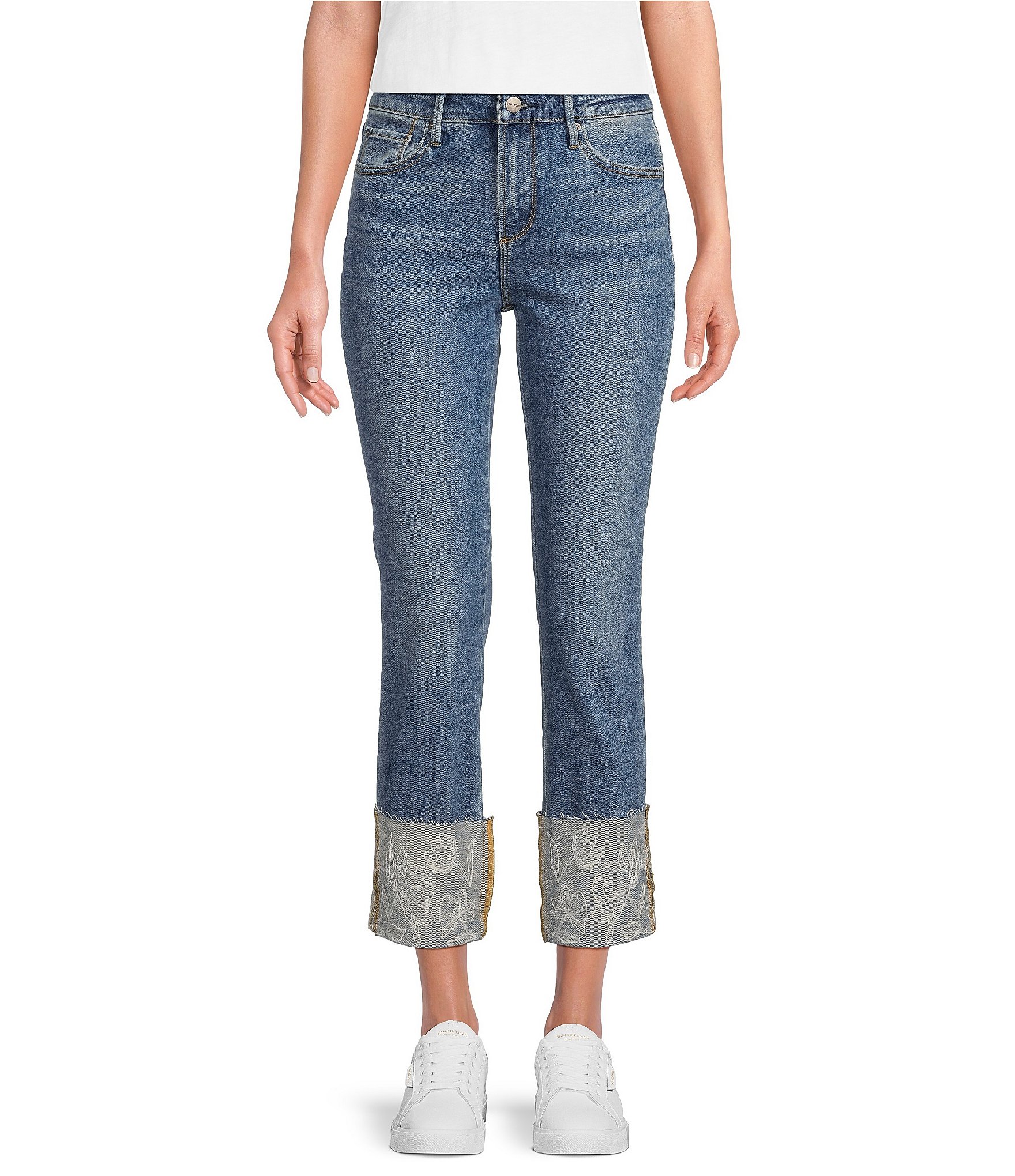 Driftwood Colette Stretch Denim Embroidered Cuffed Cropped Straight Leg Jeans