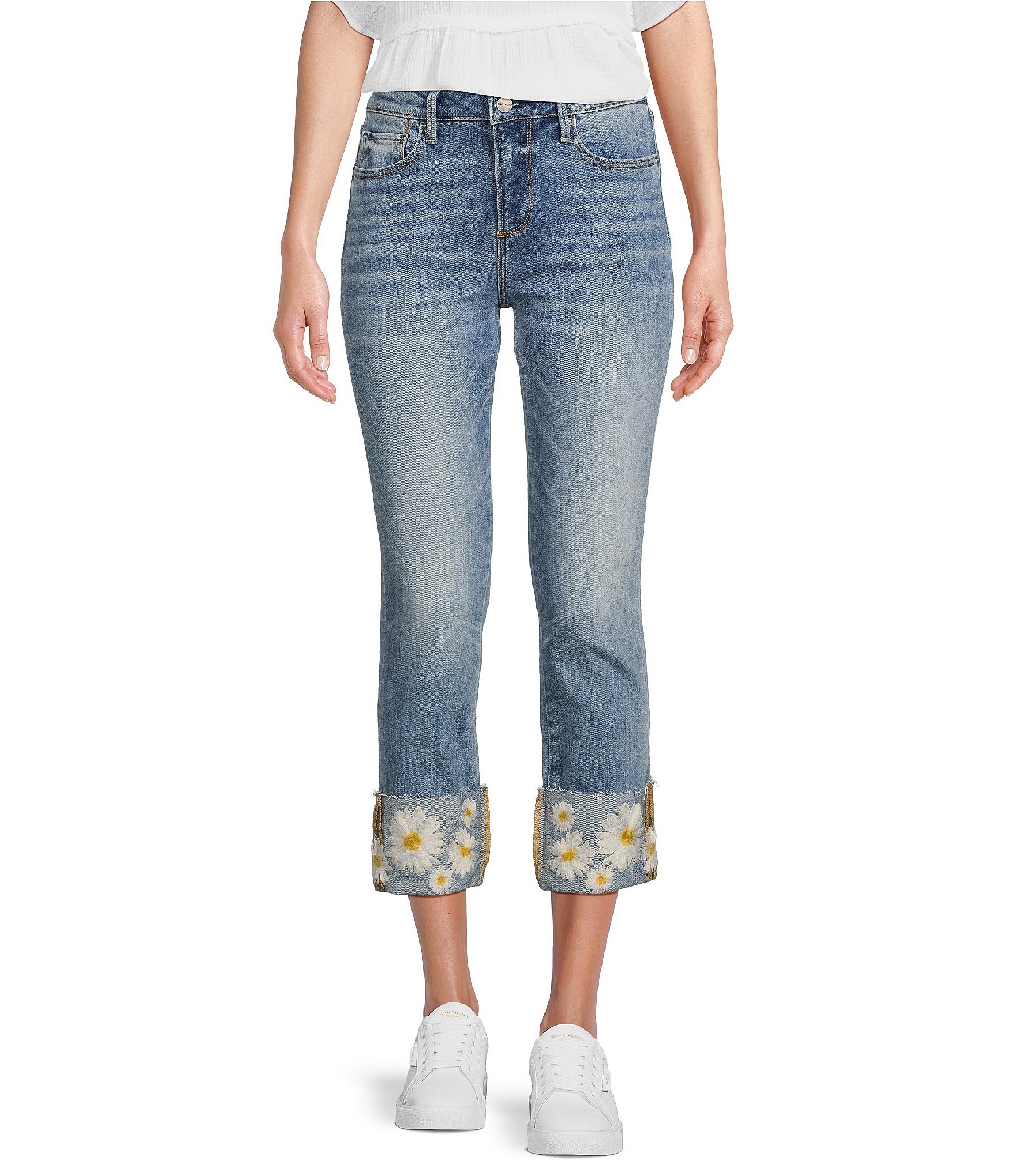 Driftwood Colette Stretch Denim Embroidered Daisy Cuffed Cropped ...