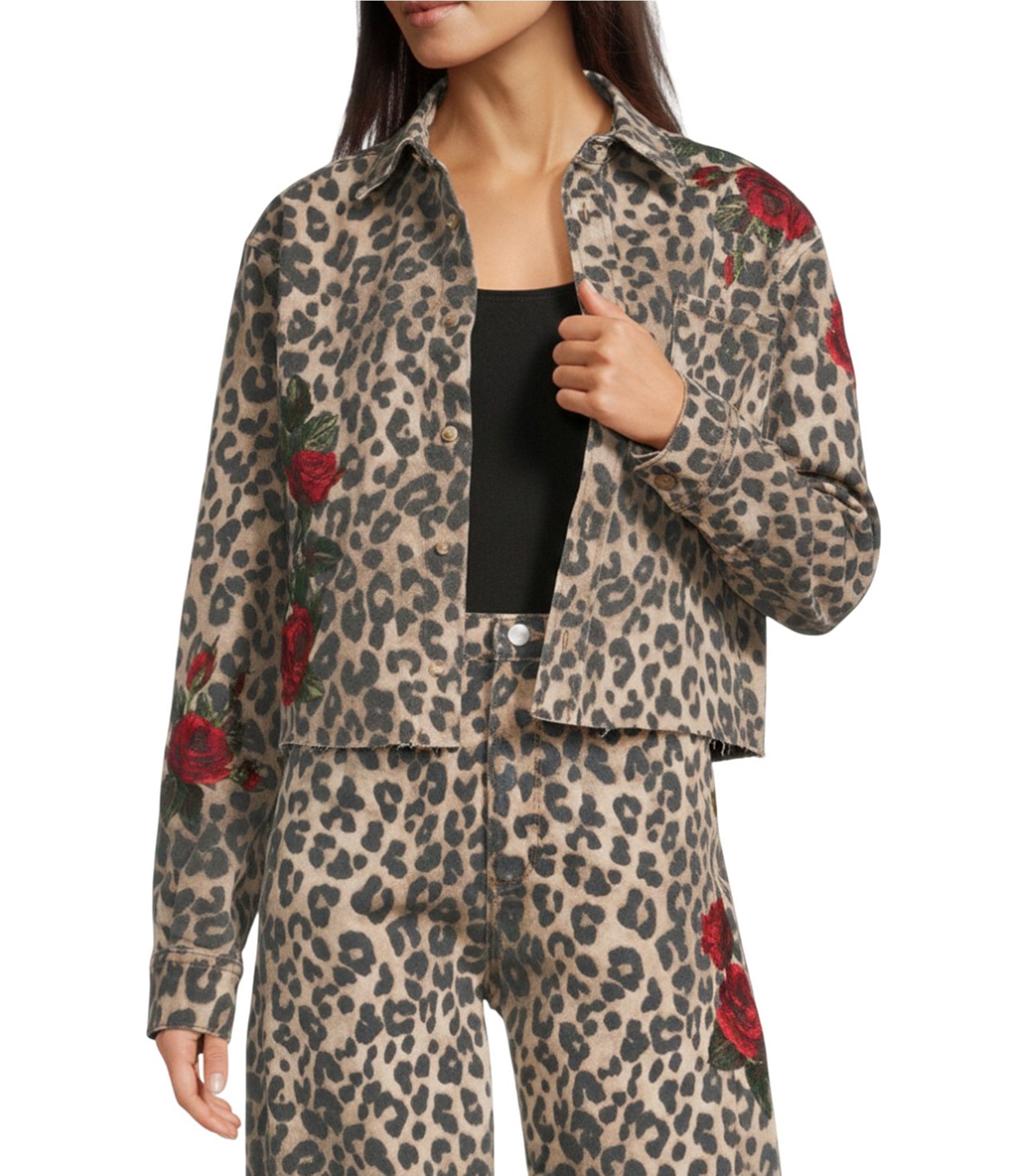 Driftwood Dani Coordinating Stretch Denim Leopard Print Point Collar Long Sleeve Floral Embroidered Jacket