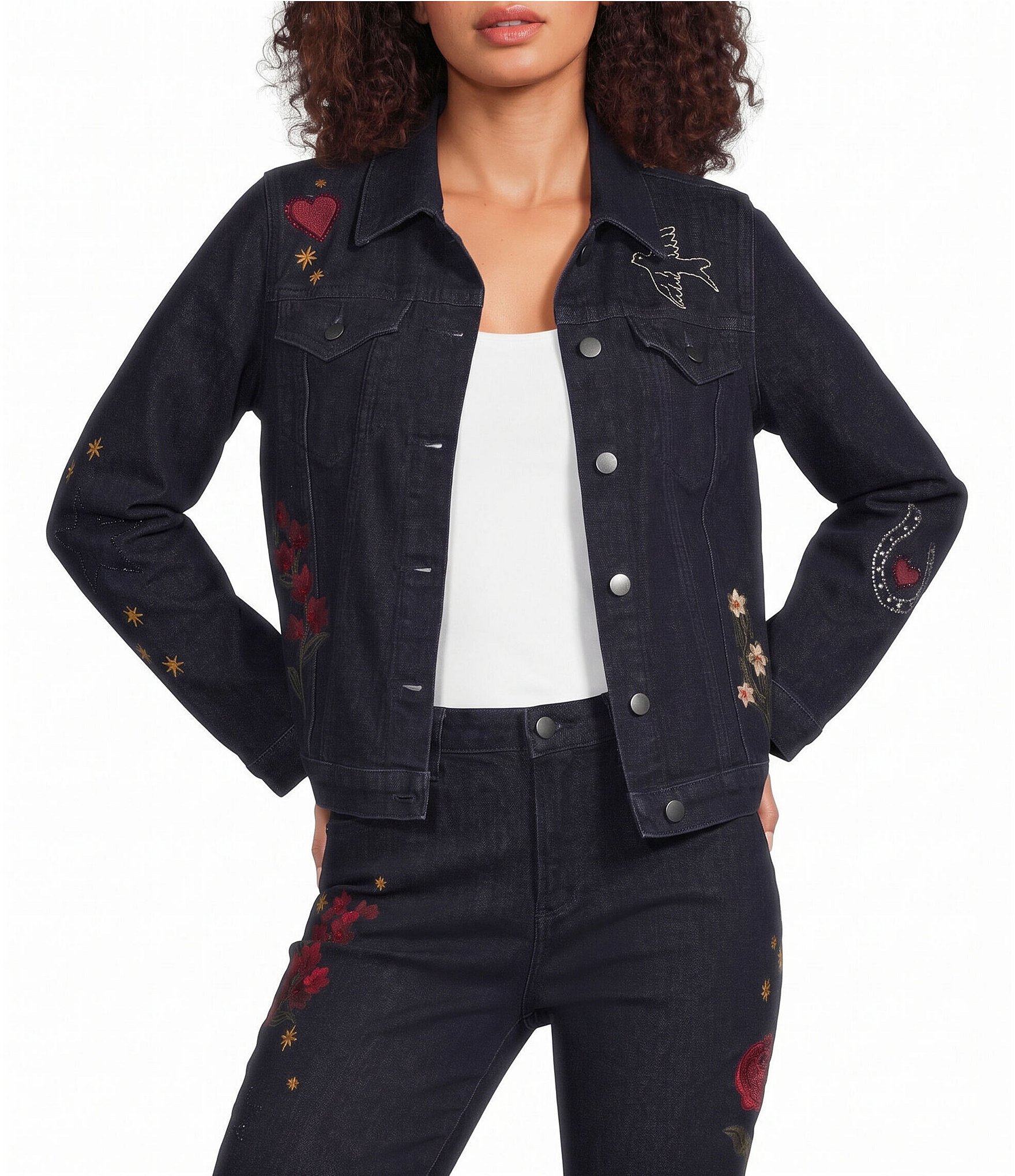 Driftwood Denim Wild Flower Embroidered Point Collar Long Sleeve Coordinating Trucker Jacket