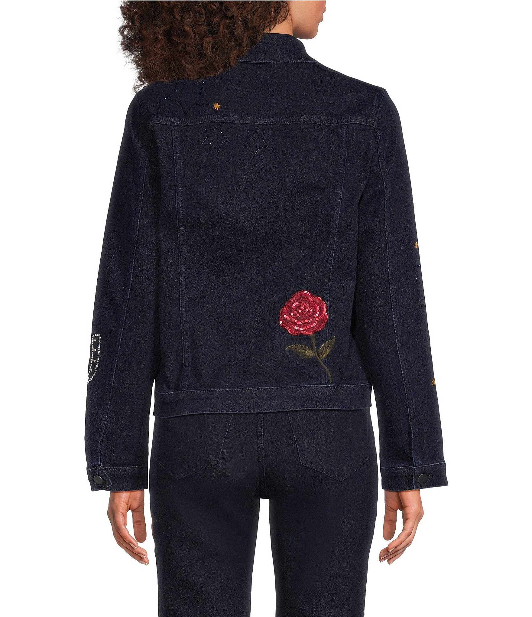 Driftwood Denim Wild Flower Embroidered Point Collar Long Sleeve Coordinating Trucker Jacket