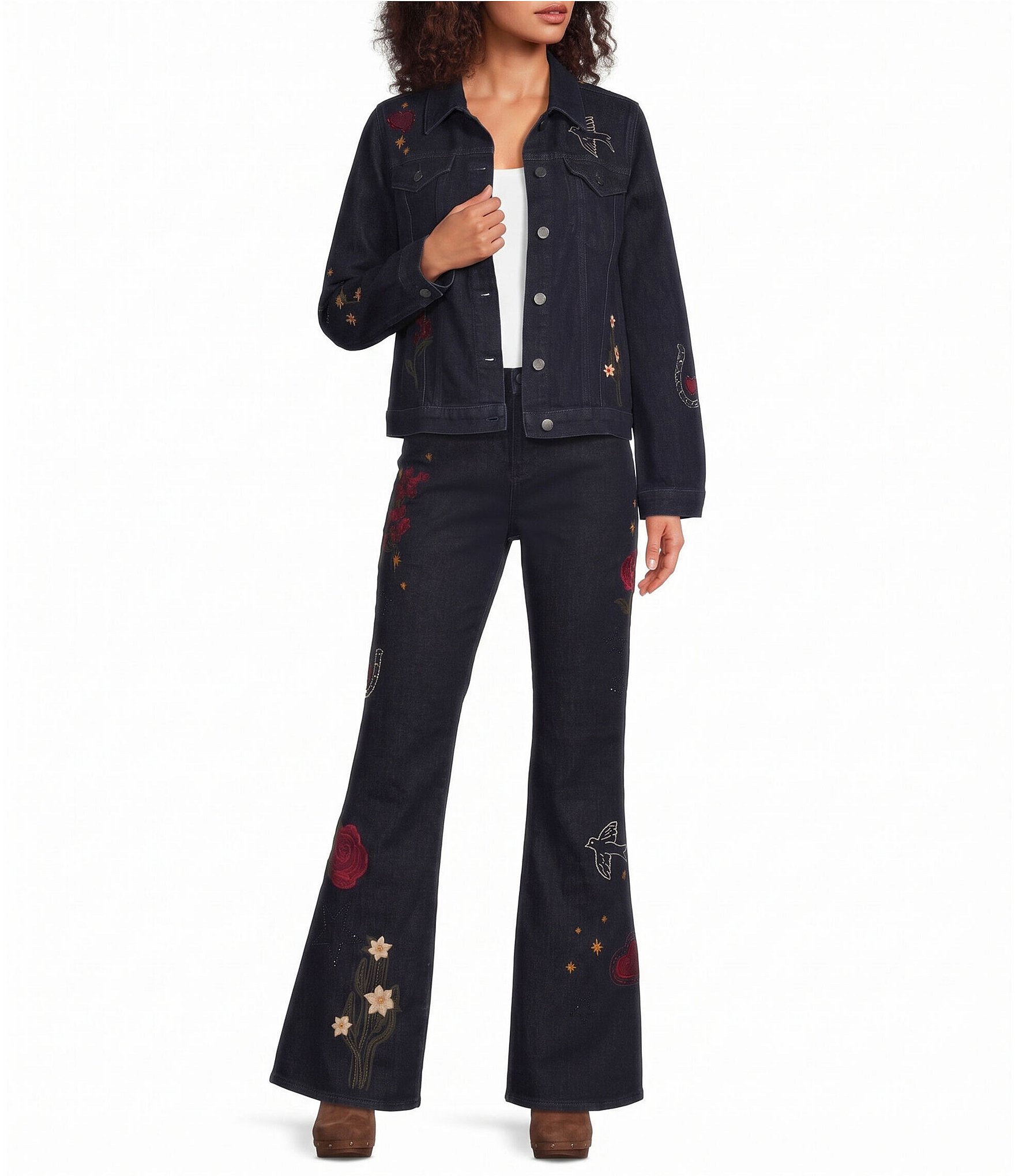 Driftwood Denim Wild Flower Embroidered Point Collar Long Sleeve Coordinating Trucker Jacket