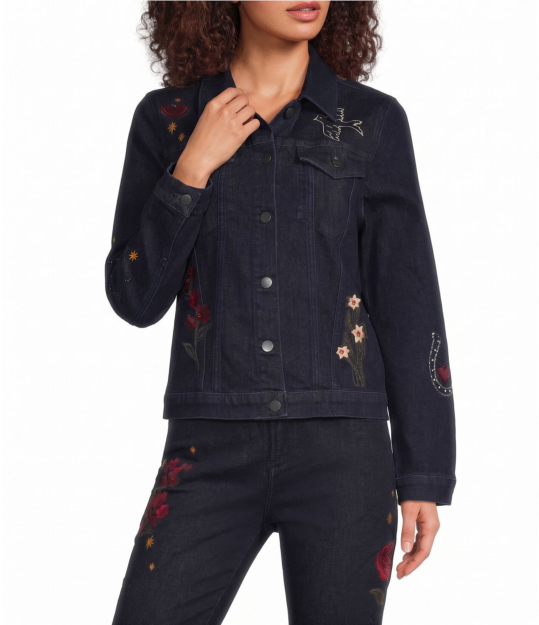 Driftwood Denim Wild Flower Embroidered Point Collar Long Sleeve Coordinating Trucker Jacket