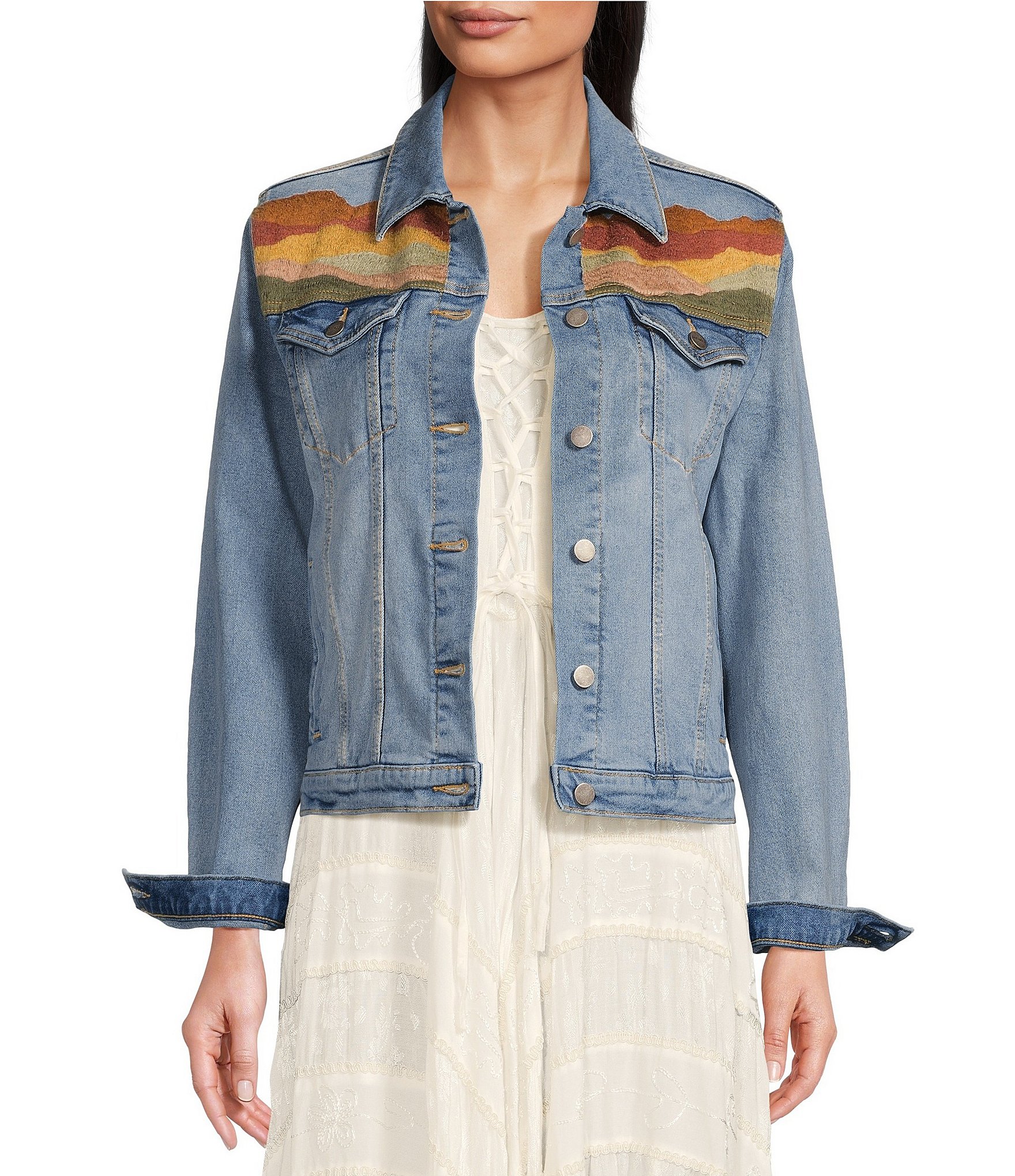 Driftwood x Maui Floral Embroidered Point Collar Long Sleeve Rigid Denim Statement Jacket - L