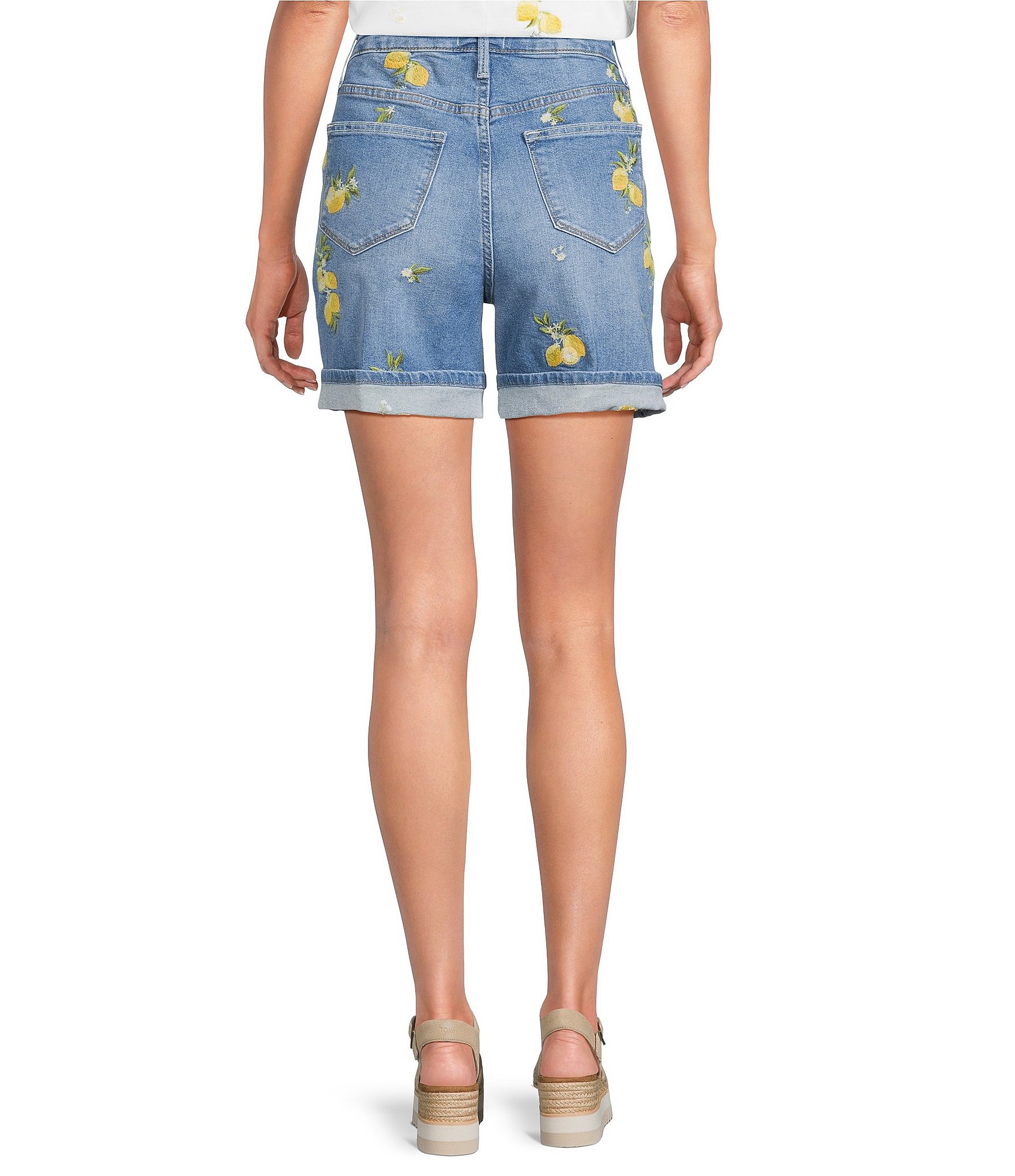 Driftwood Stretch Denim Embroidered High Rise Cuffed Shorts