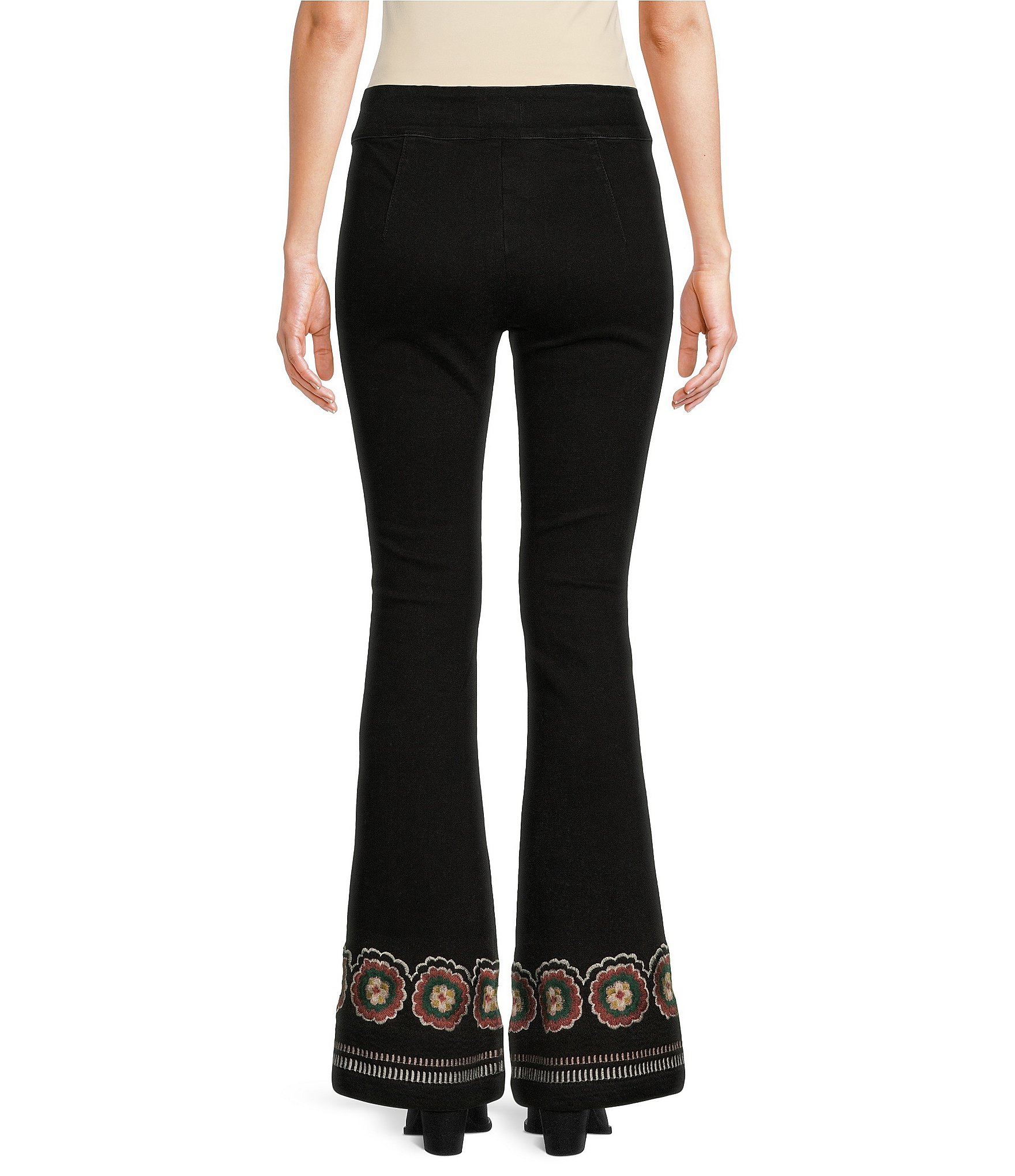 Driftwood Wyatt Eclectic Embroidered Stretch Denim High Rise Pull-On Flat Front Fit and Flare Jeans