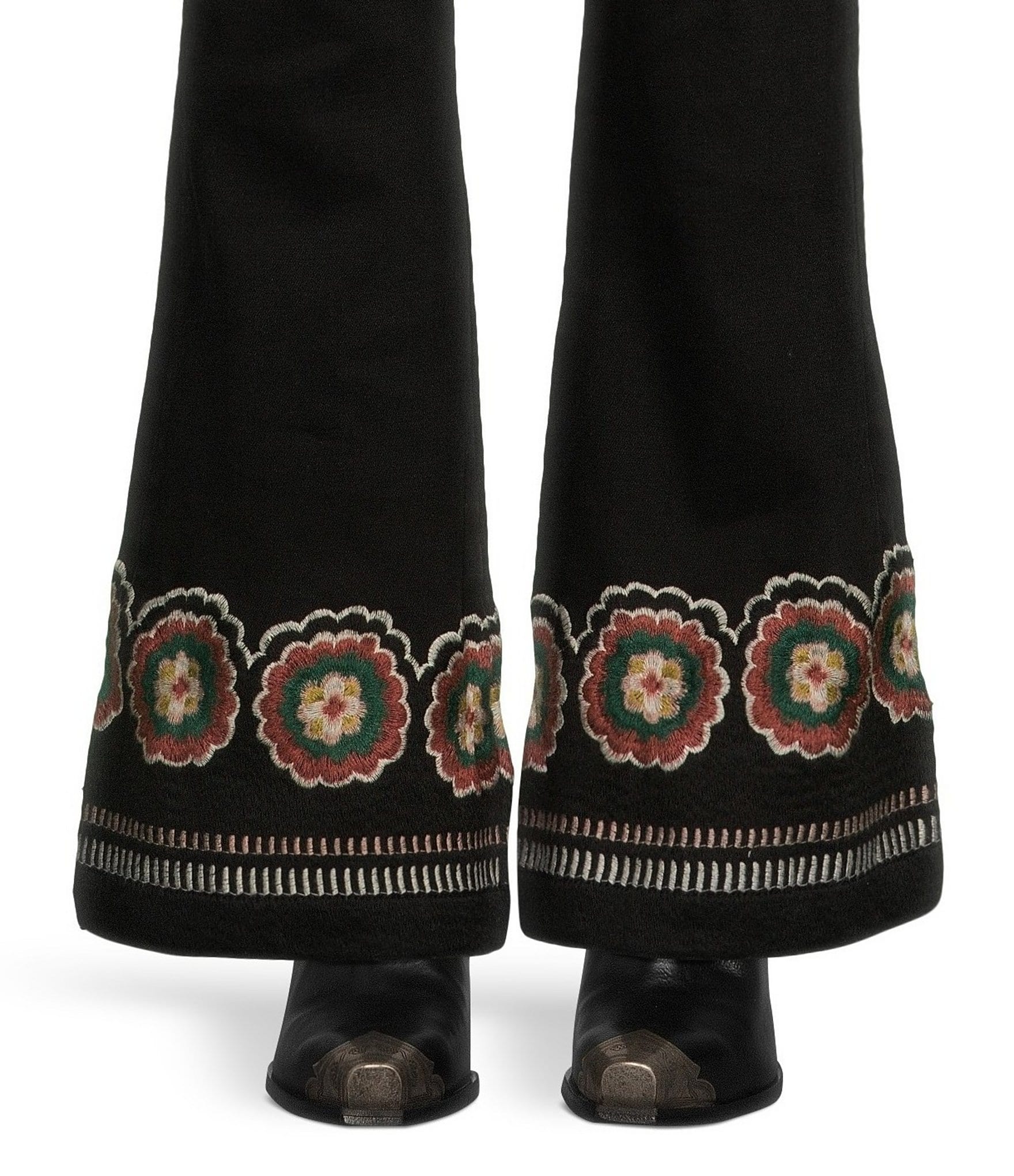 Driftwood Wyatt Eclectic Embroidered Stretch Denim High Rise Pull-On Flat Front Fit and Flare Jeans