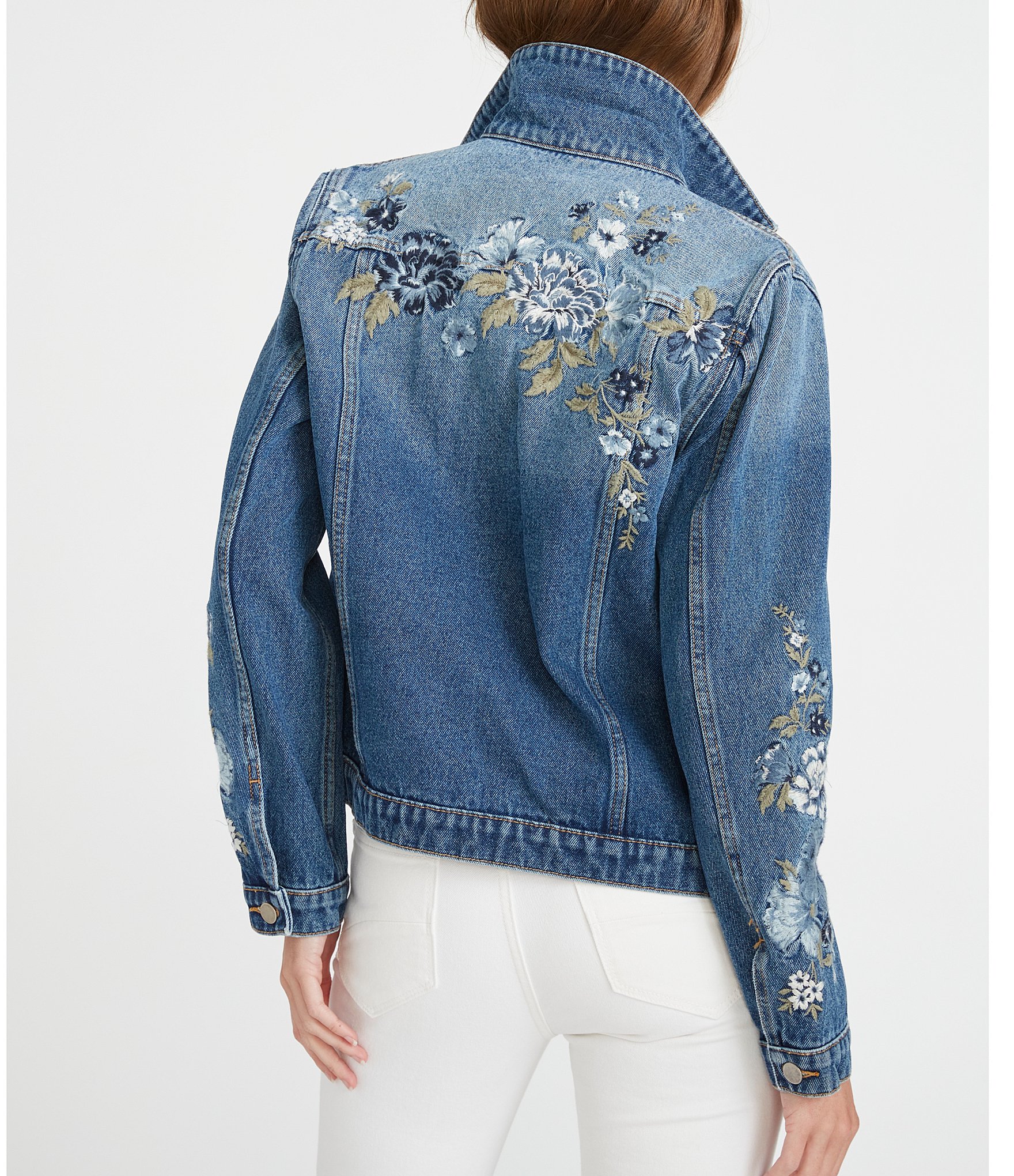 Driftwood X Bluebell Fleur Embroidered Point Collar Long Sleeve Denim Statement Jacket