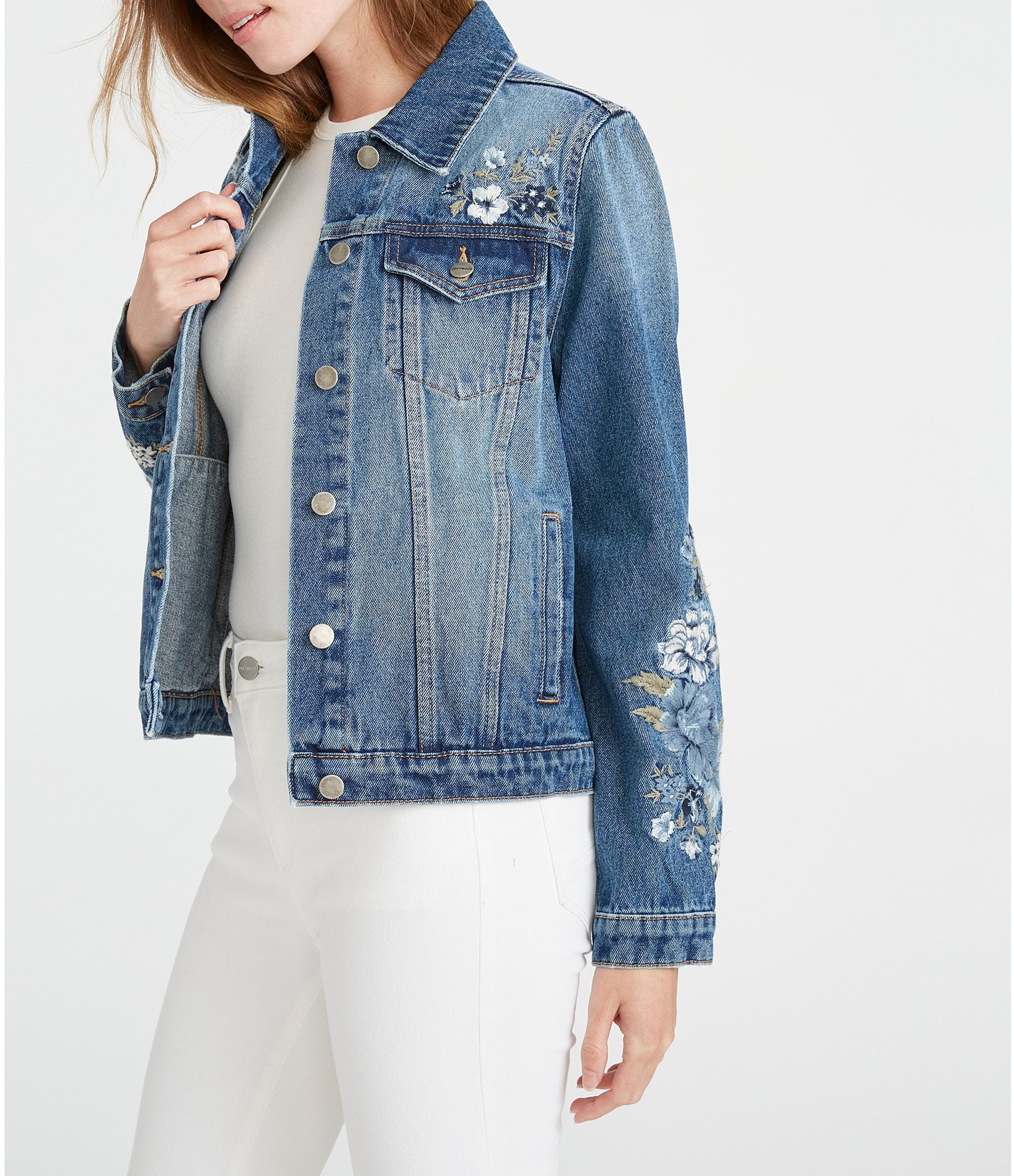 Driftwood X Bluebell Fleur Embroidered Point Collar Long Sleeve Denim Statement Jacket